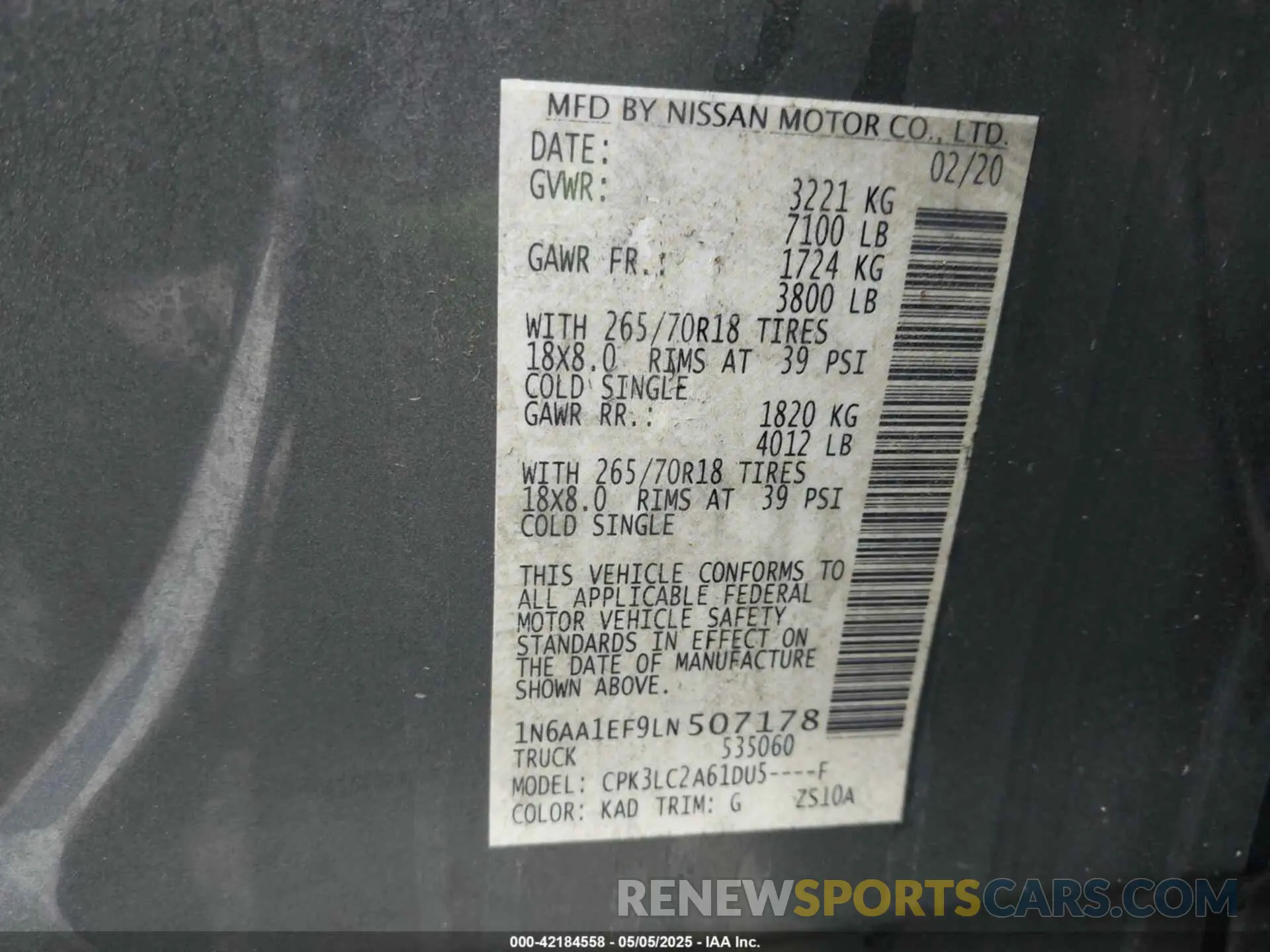9 Photograph of a damaged car 1N6AA1EF9LN507178 NISSAN TITAN 2020