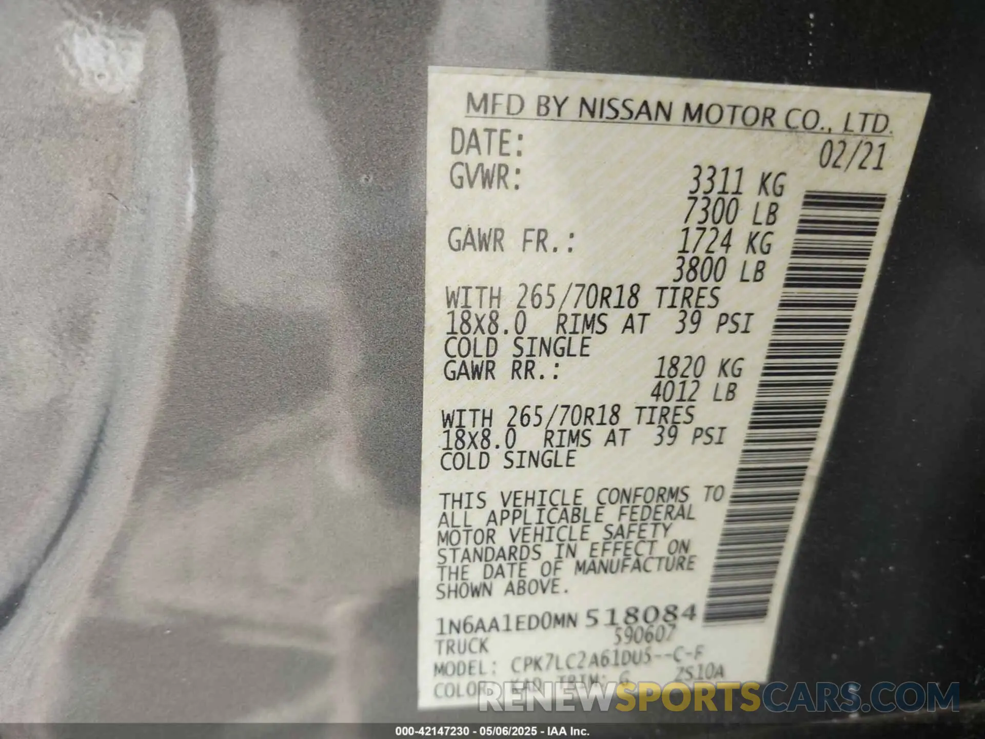 9 Photograph of a damaged car 1N6AA1ED0MN518084 NISSAN TITAN 2021