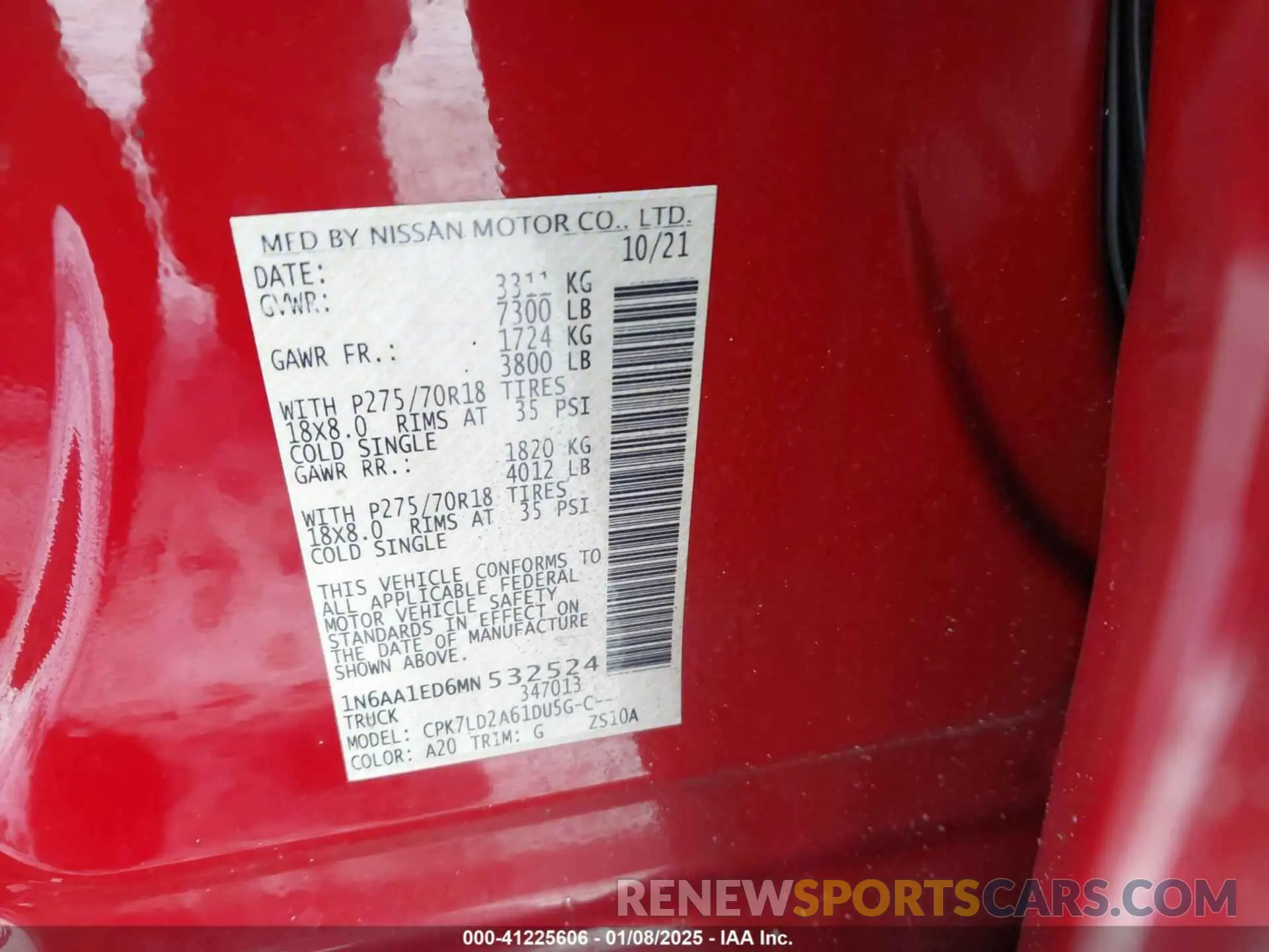 9 Photograph of a damaged car 1N6AA1ED6MN532524 NISSAN TITAN 2021