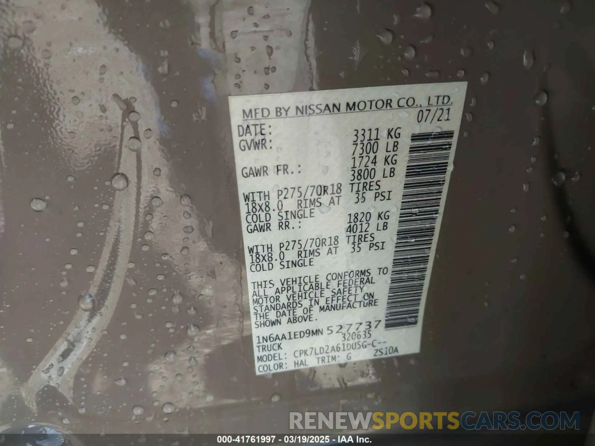 9 Photograph of a damaged car 1N6AA1ED9MN527737 NISSAN TITAN 2021