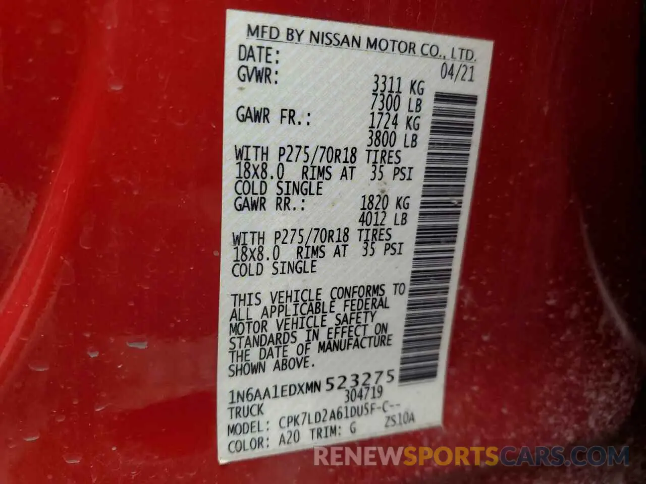 12 Photograph of a damaged car 1N6AA1EDXMN523275 NISSAN TITAN 2021