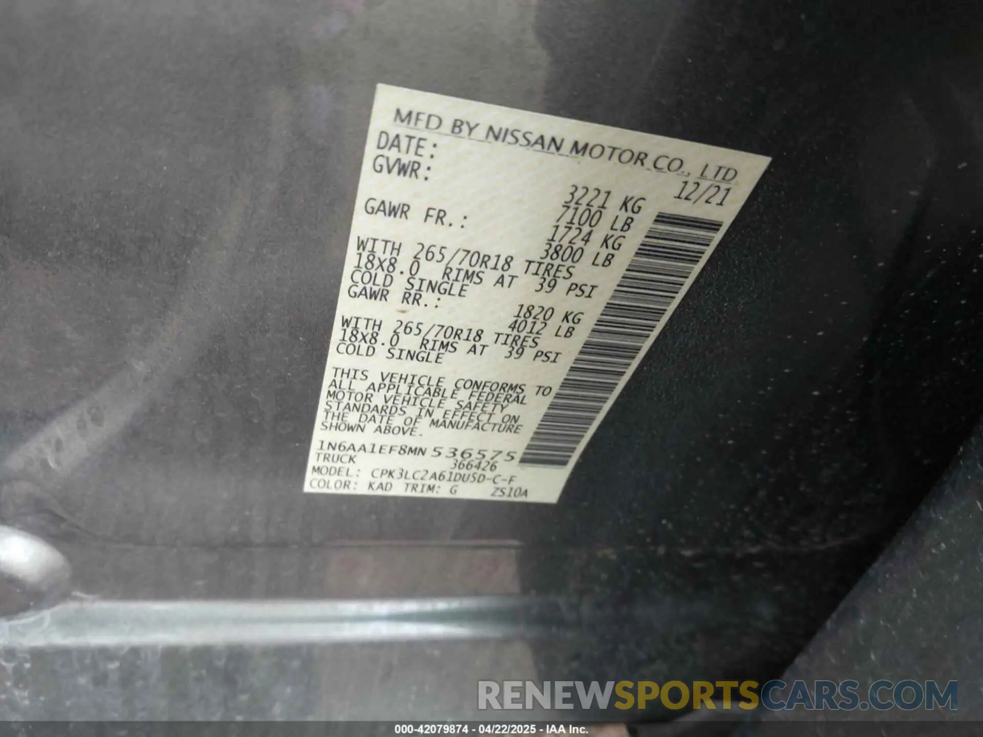 9 Photograph of a damaged car 1N6AA1EF8MN536575 NISSAN TITAN 2021