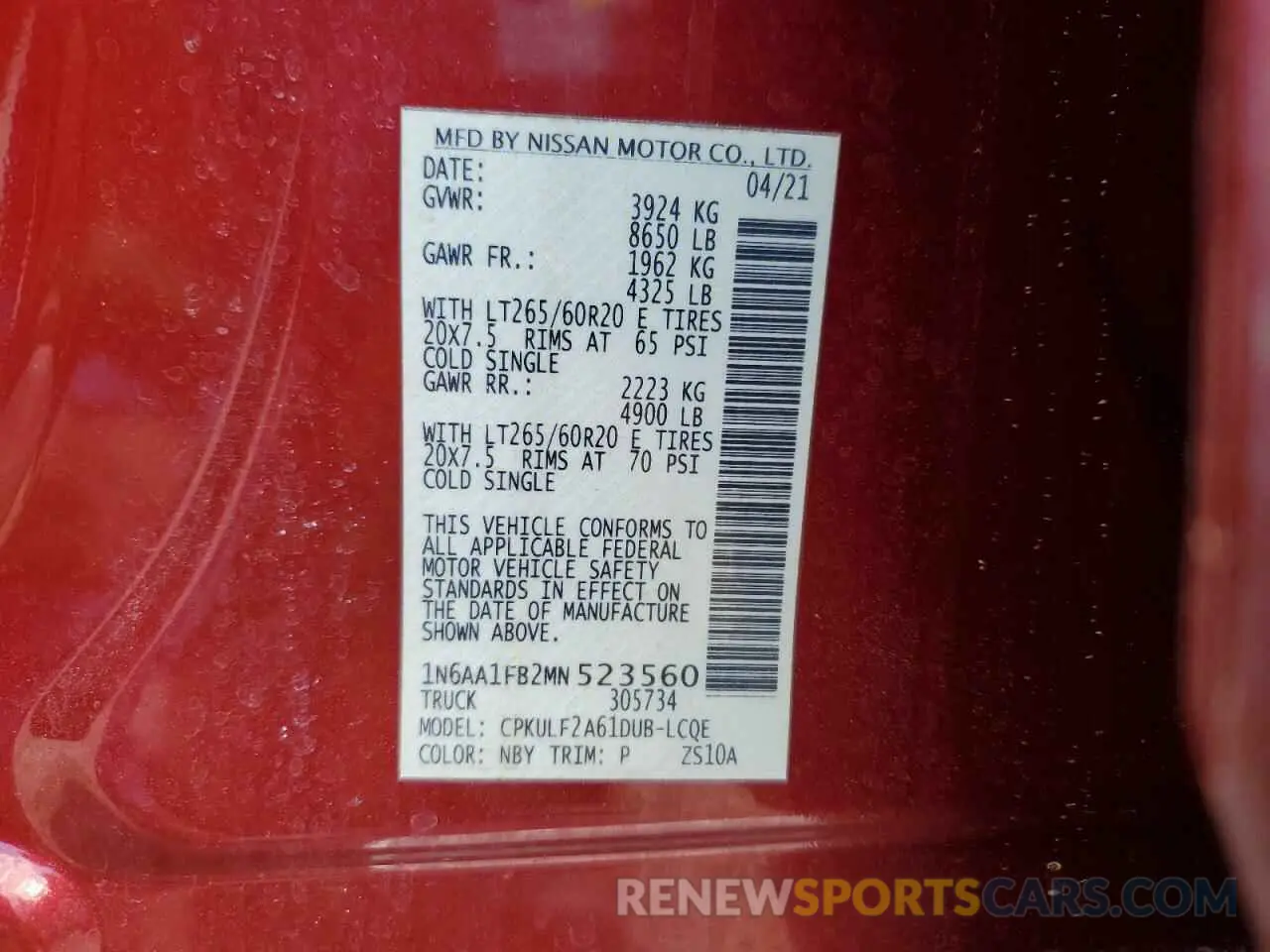 13 Photograph of a damaged car 1N6AA1FB2MN523560 NISSAN TITAN 2021