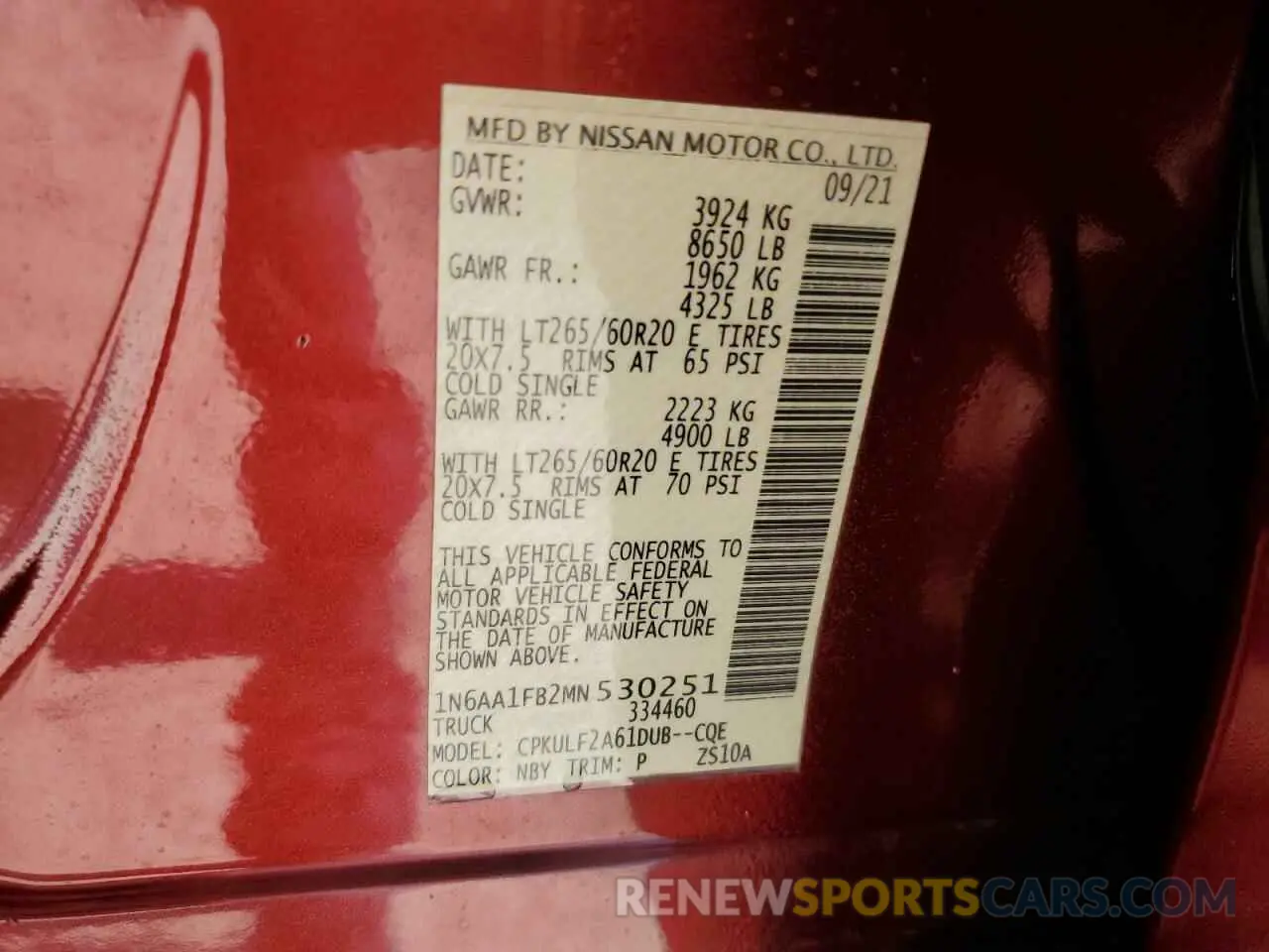 13 Photograph of a damaged car 1N6AA1FB2MN530251 NISSAN TITAN 2021