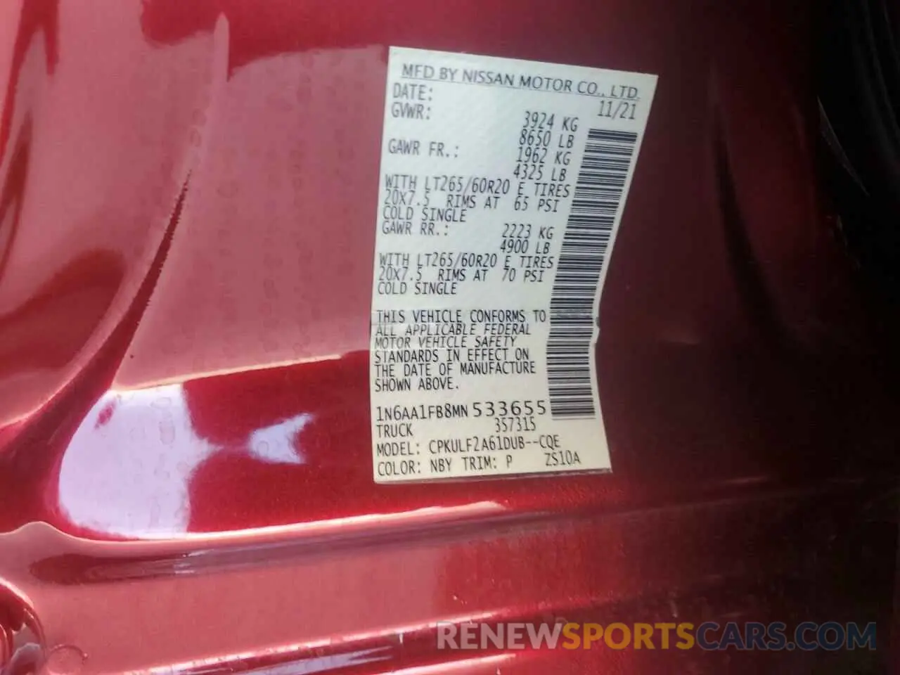 13 Photograph of a damaged car 1N6AA1FB8MN533655 NISSAN TITAN 2021