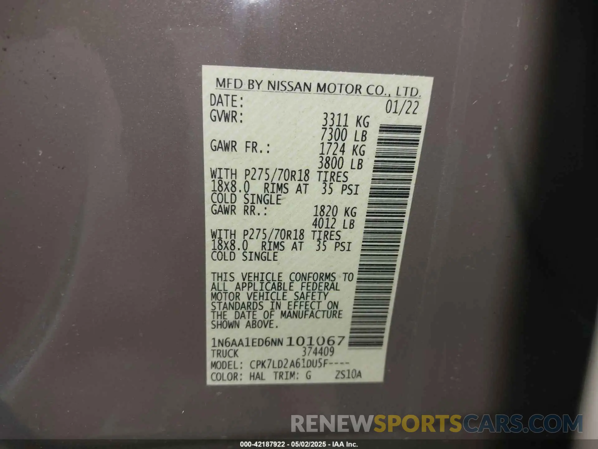 9 Photograph of a damaged car 1N6AA1ED6NN101067 NISSAN TITAN 2022