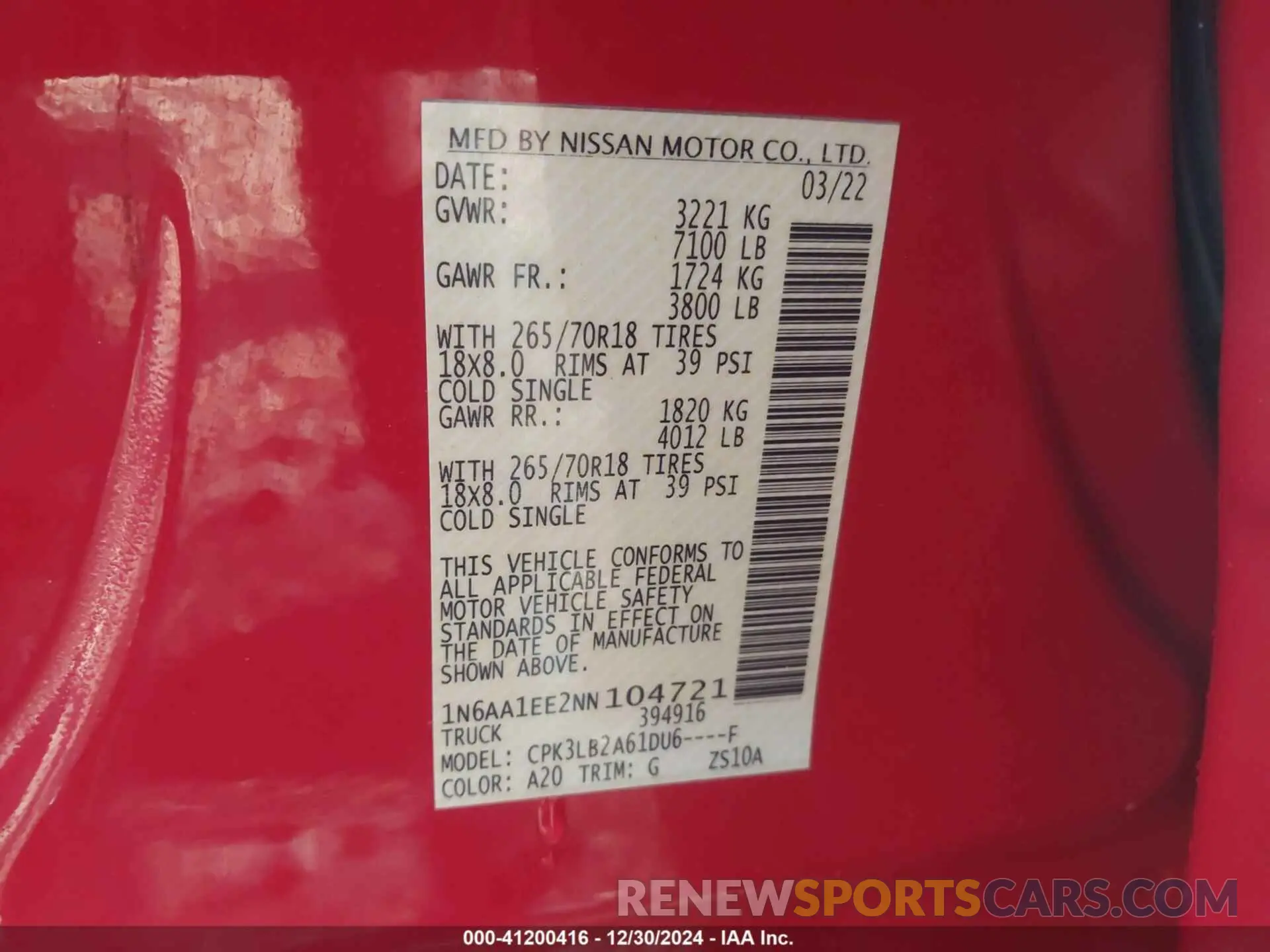 9 Photograph of a damaged car 1N6AA1EE2NN104721 NISSAN TITAN 2022
