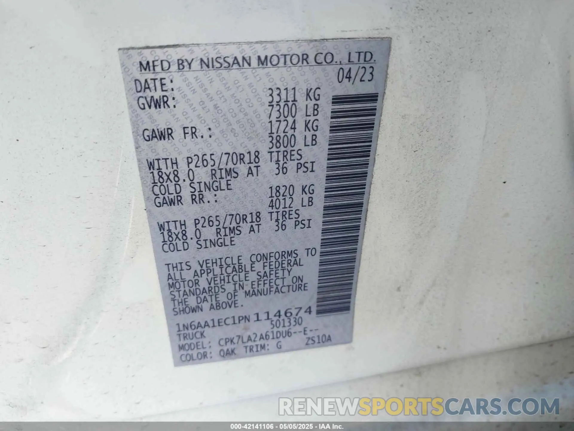 9 Photograph of a damaged car 1N6AA1EC1PN114674 NISSAN TITAN 2023