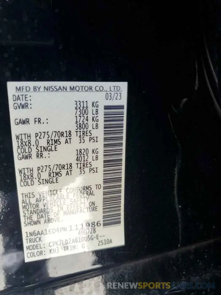 12 Photograph of a damaged car 1N6AA1ED4PN111986 NISSAN TITAN 2023