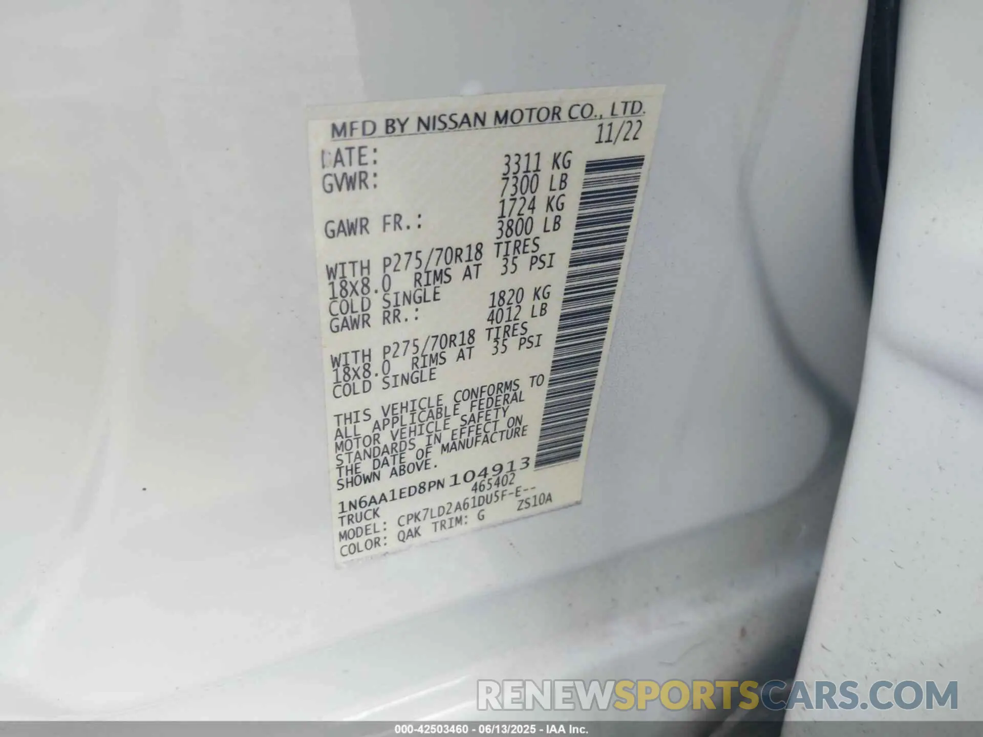 9 Photograph of a damaged car 1N6AA1ED8PN104913 NISSAN TITAN 2023
