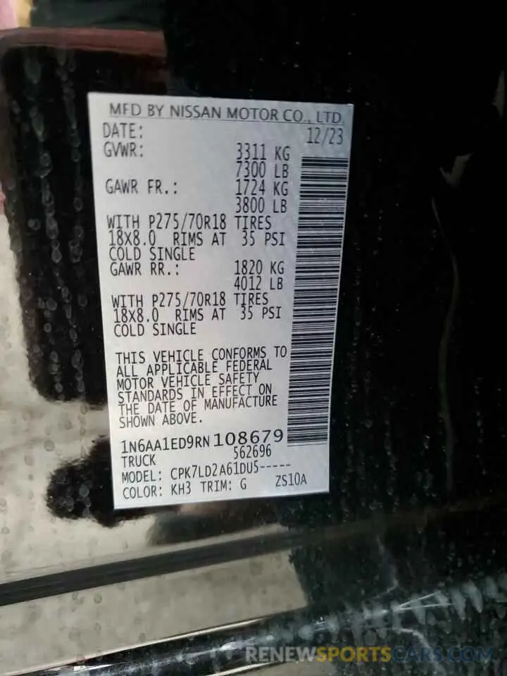 15 Photograph of a damaged car 1N6AA1ED9RN108679 NISSAN TITAN PRO- 2024