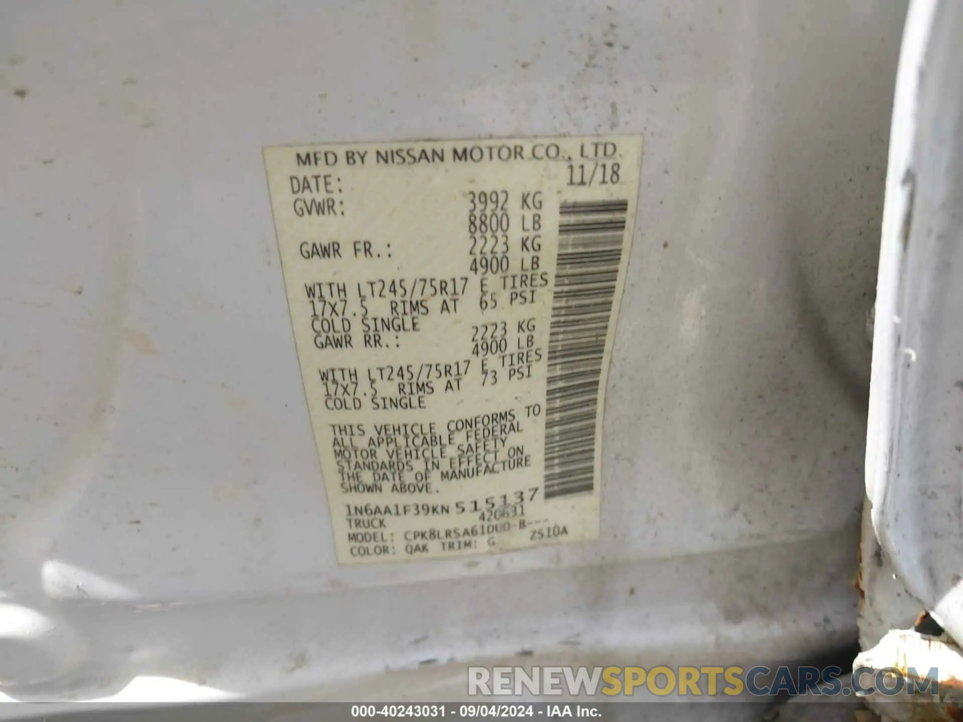 9 Photograph of a damaged car 1N6AA1F39KN515137 NISSAN TITAN XD 2019