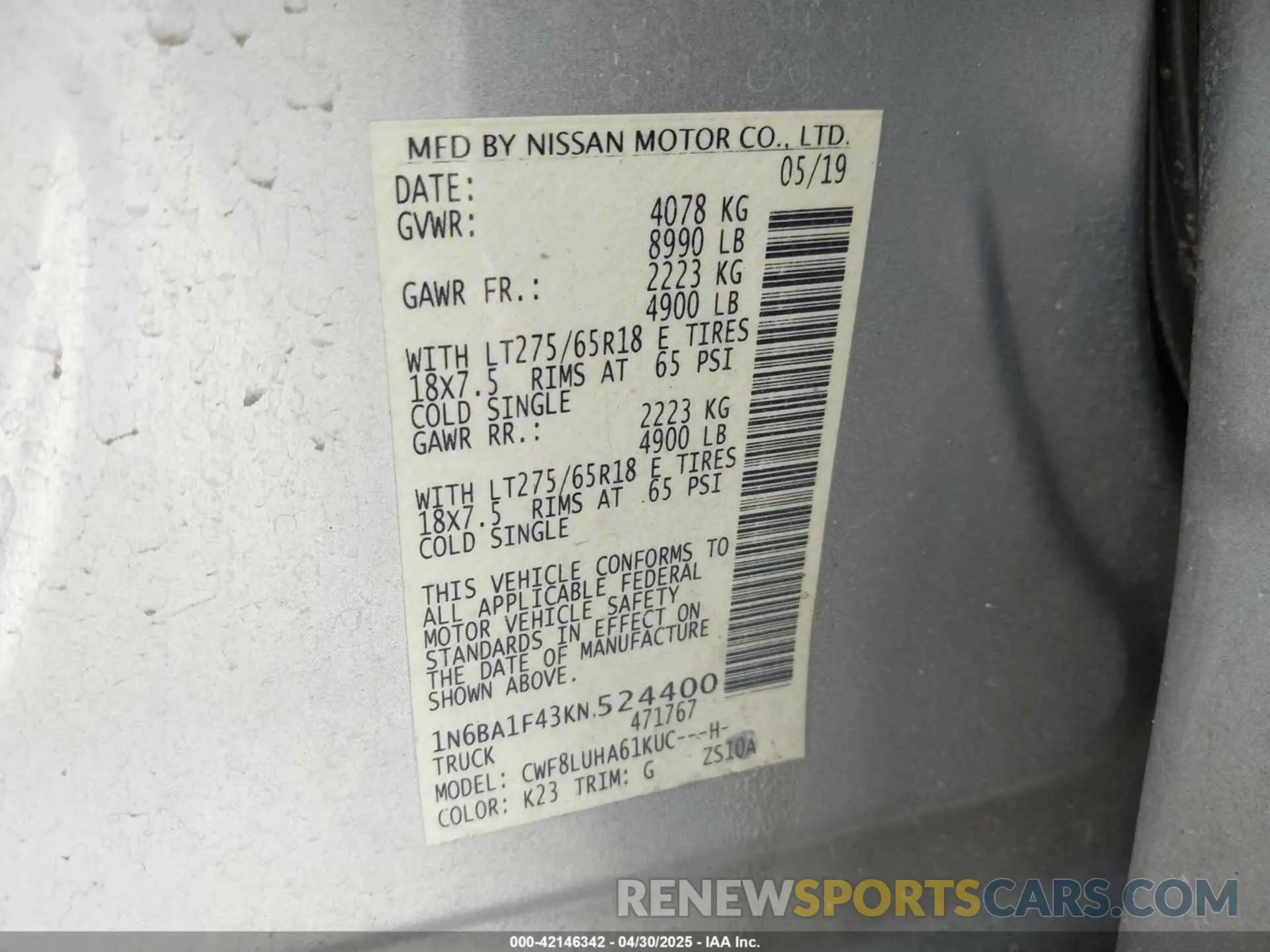 9 Photograph of a damaged car 1N6BA1F43KN524400 NISSAN TITAN XD 2019