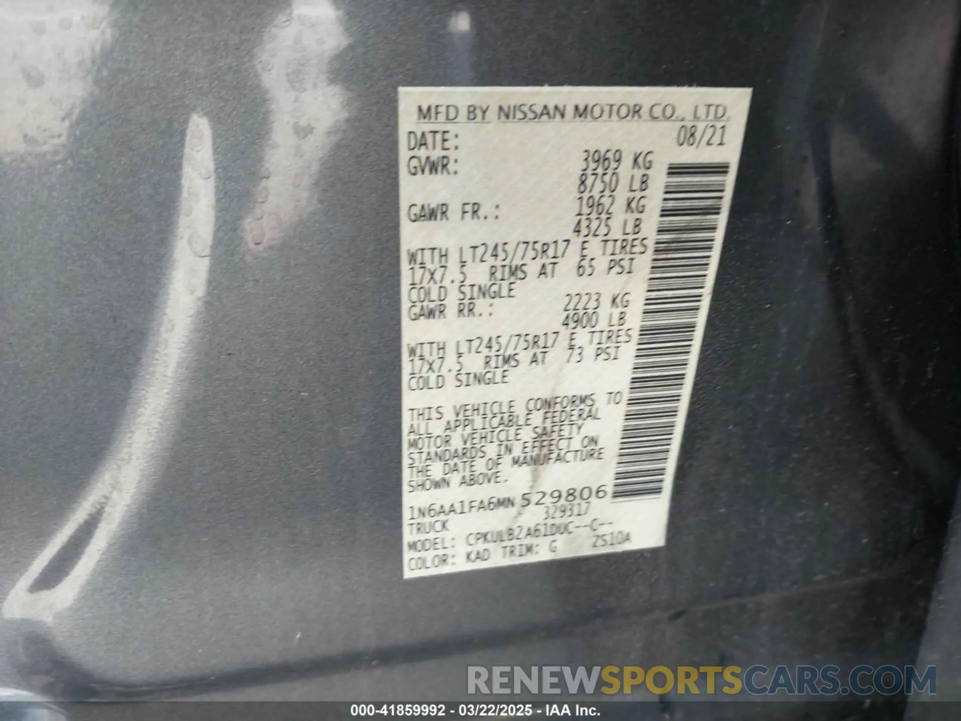9 Photograph of a damaged car 1N6AA1FA6MN529806 NISSAN TITAN XD 2021