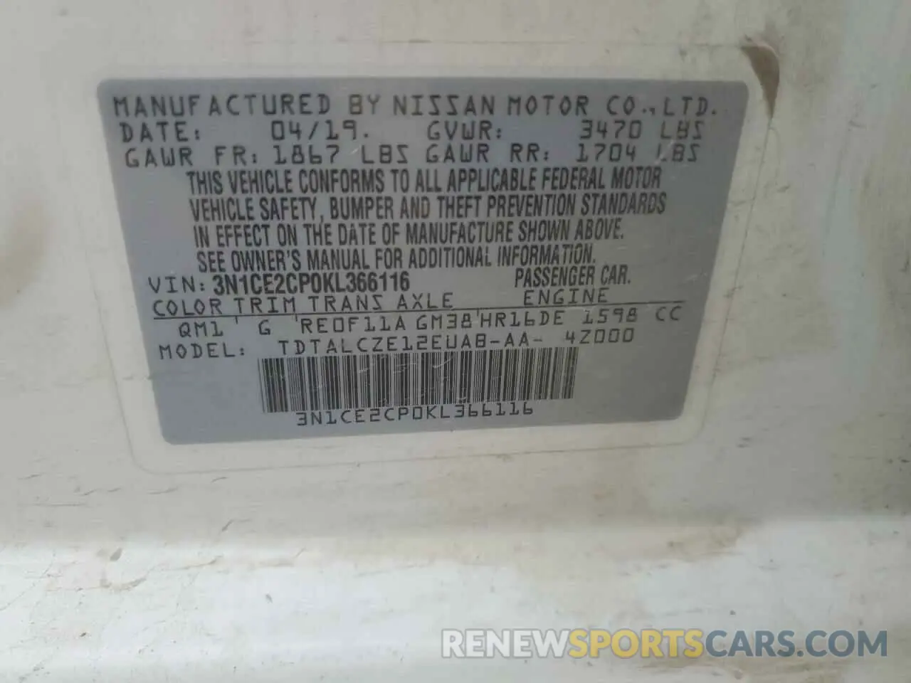 12 Photograph of a damaged car 3N1CE2CP0KL366116 NISSAN VERSA 2019