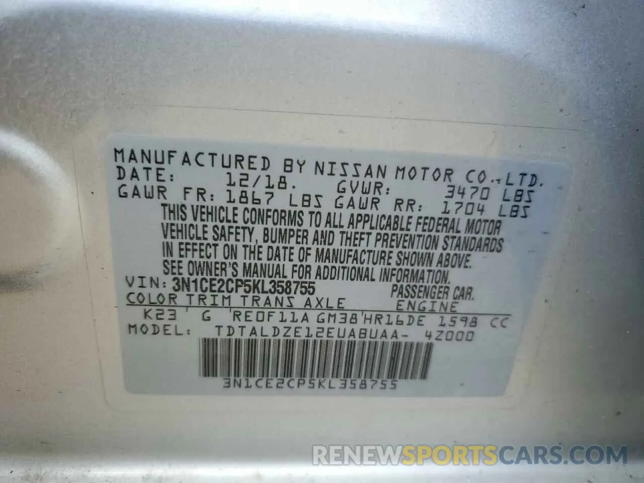 13 Photograph of a damaged car 3N1CE2CP5KL358755 NISSAN VERSA 2019