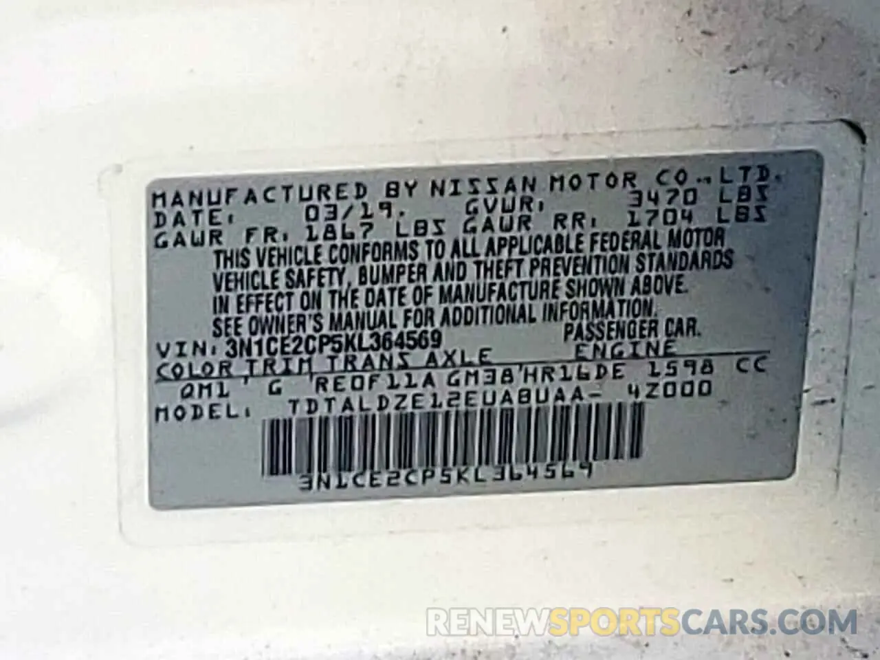 13 Photograph of a damaged car 3N1CE2CP5KL364569 NISSAN VERSA 2019
