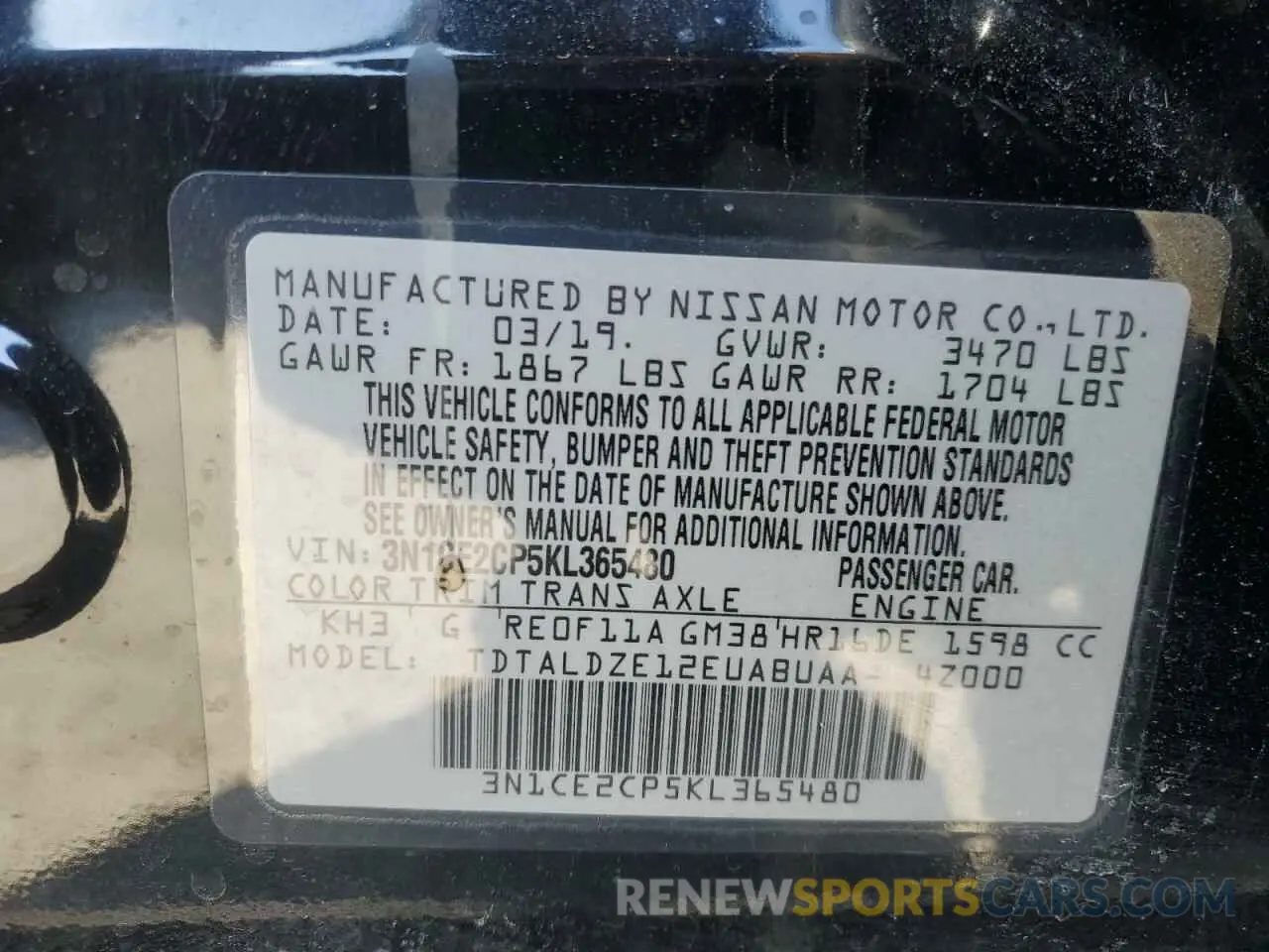 13 Photograph of a damaged car 3N1CE2CP5KL365480 NISSAN VERSA 2019