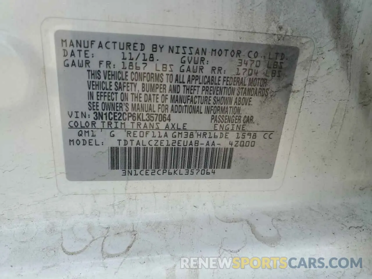12 Photograph of a damaged car 3N1CE2CP6KL357064 NISSAN VERSA 2019