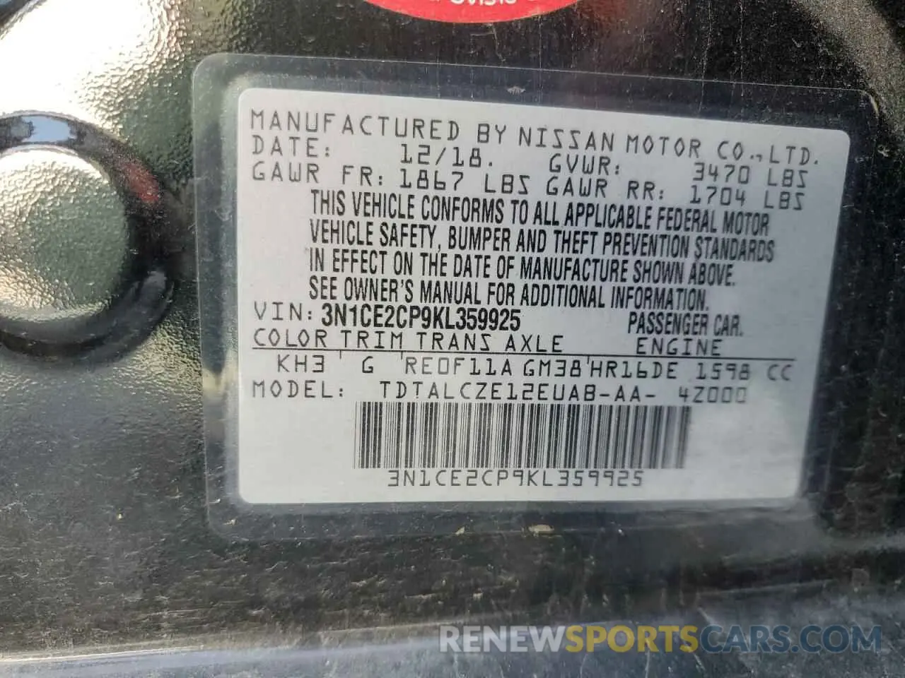 12 Photograph of a damaged car 3N1CE2CP9KL359925 NISSAN VERSA 2019