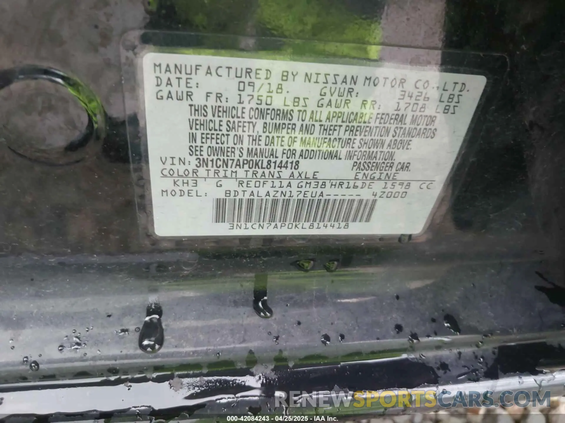 9 Photograph of a damaged car 3N1CN7AP0KL814418 NISSAN VERSA 2019