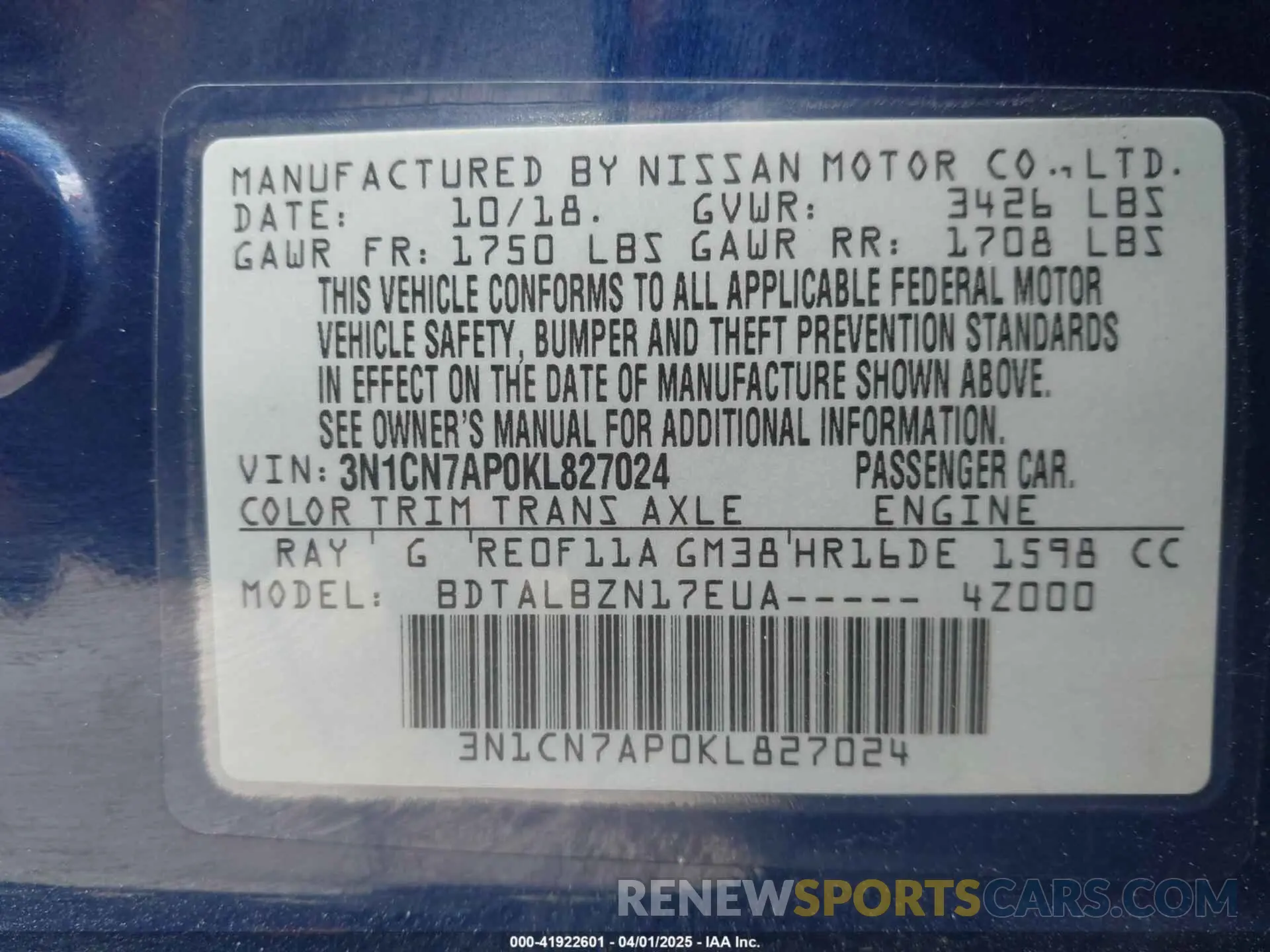 9 Photograph of a damaged car 3N1CN7AP0KL827024 NISSAN VERSA 2019
