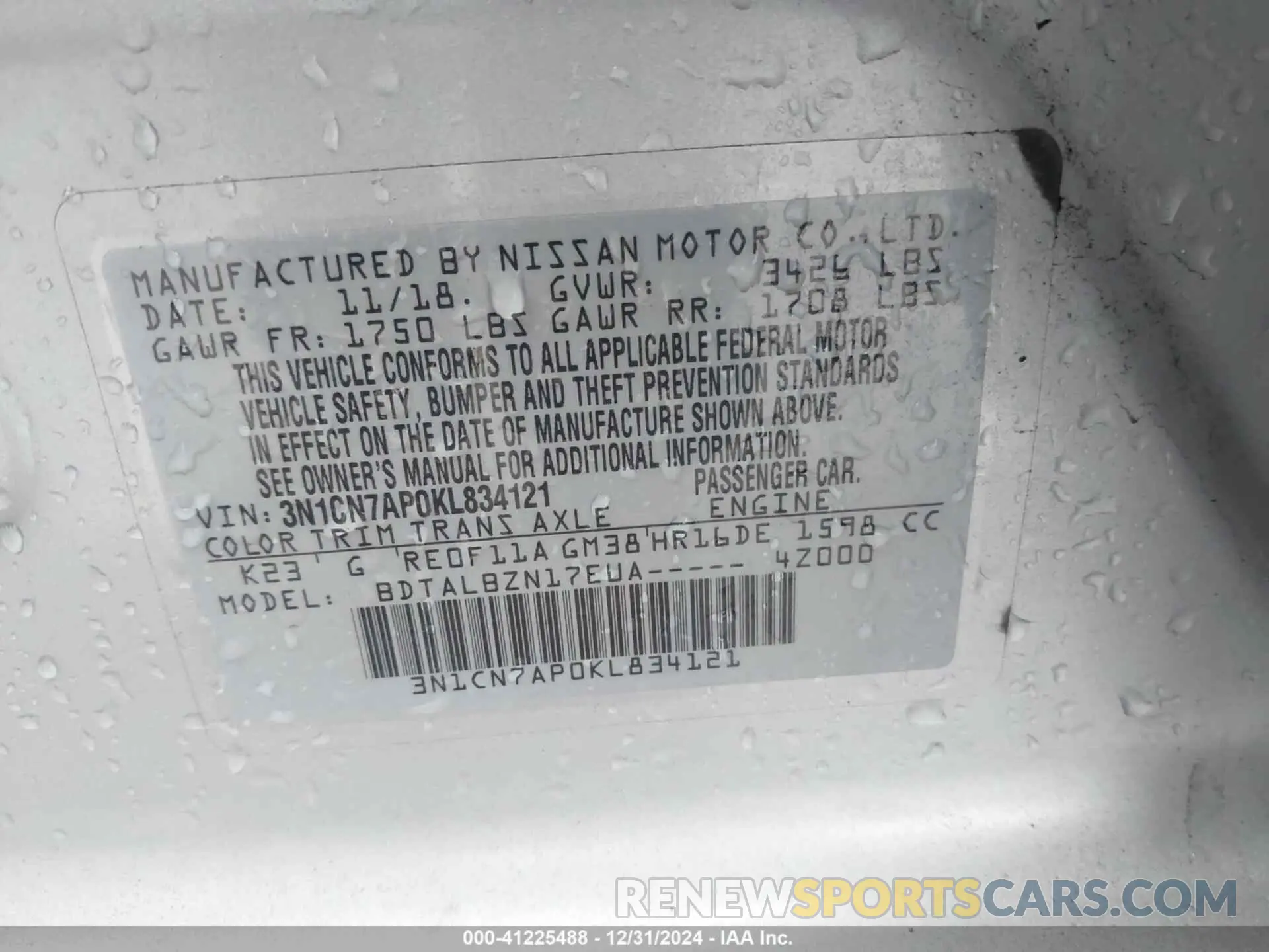 9 Photograph of a damaged car 3N1CN7AP0KL834121 NISSAN VERSA 2019