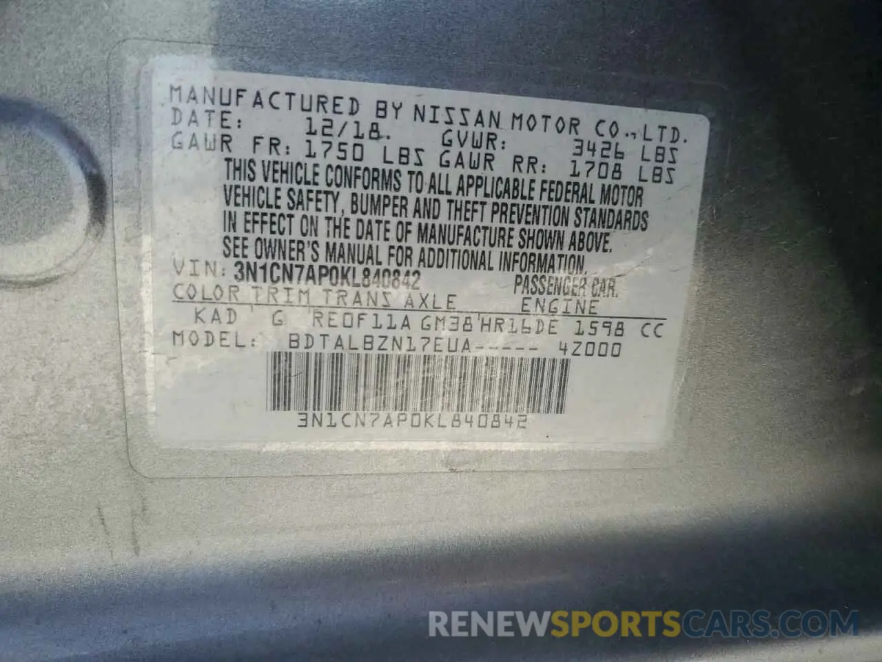 12 Photograph of a damaged car 3N1CN7AP0KL840842 NISSAN VERSA 2019