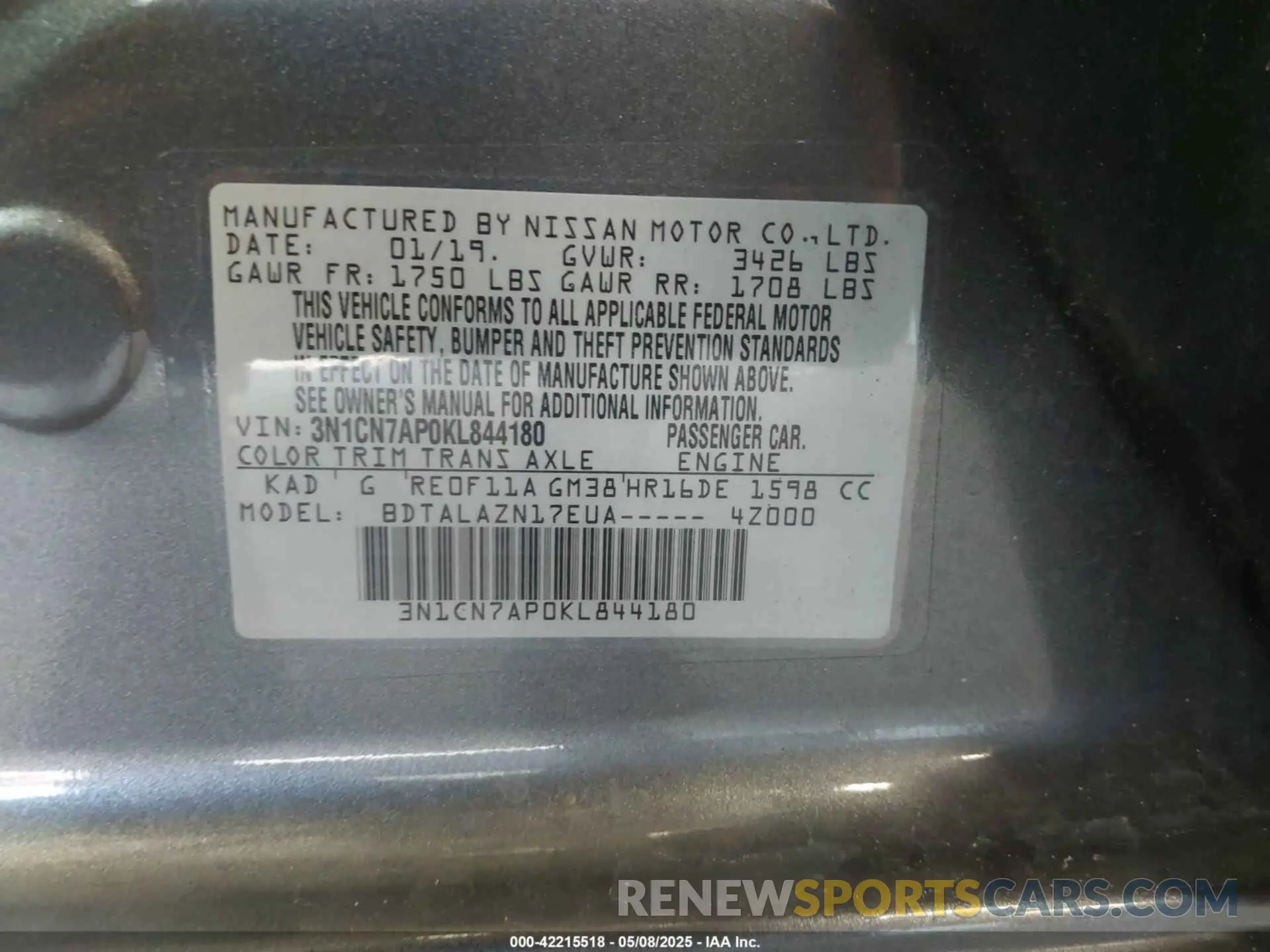 9 Photograph of a damaged car 3N1CN7AP0KL844180 NISSAN VERSA 2019