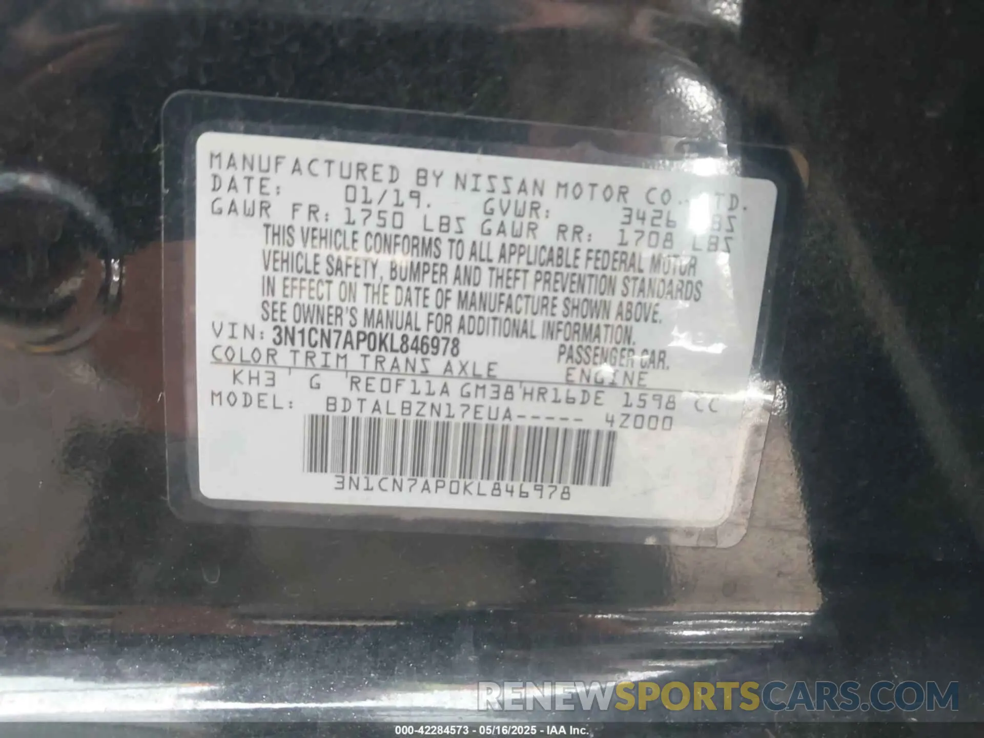9 Photograph of a damaged car 3N1CN7AP0KL846978 NISSAN VERSA 2019
