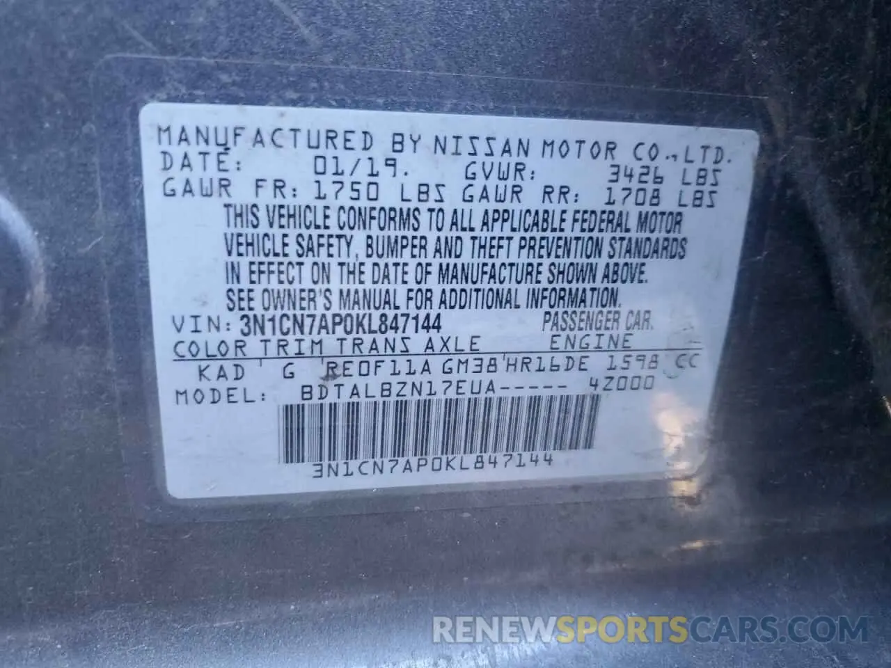 12 Photograph of a damaged car 3N1CN7AP0KL847144 NISSAN VERSA 2019