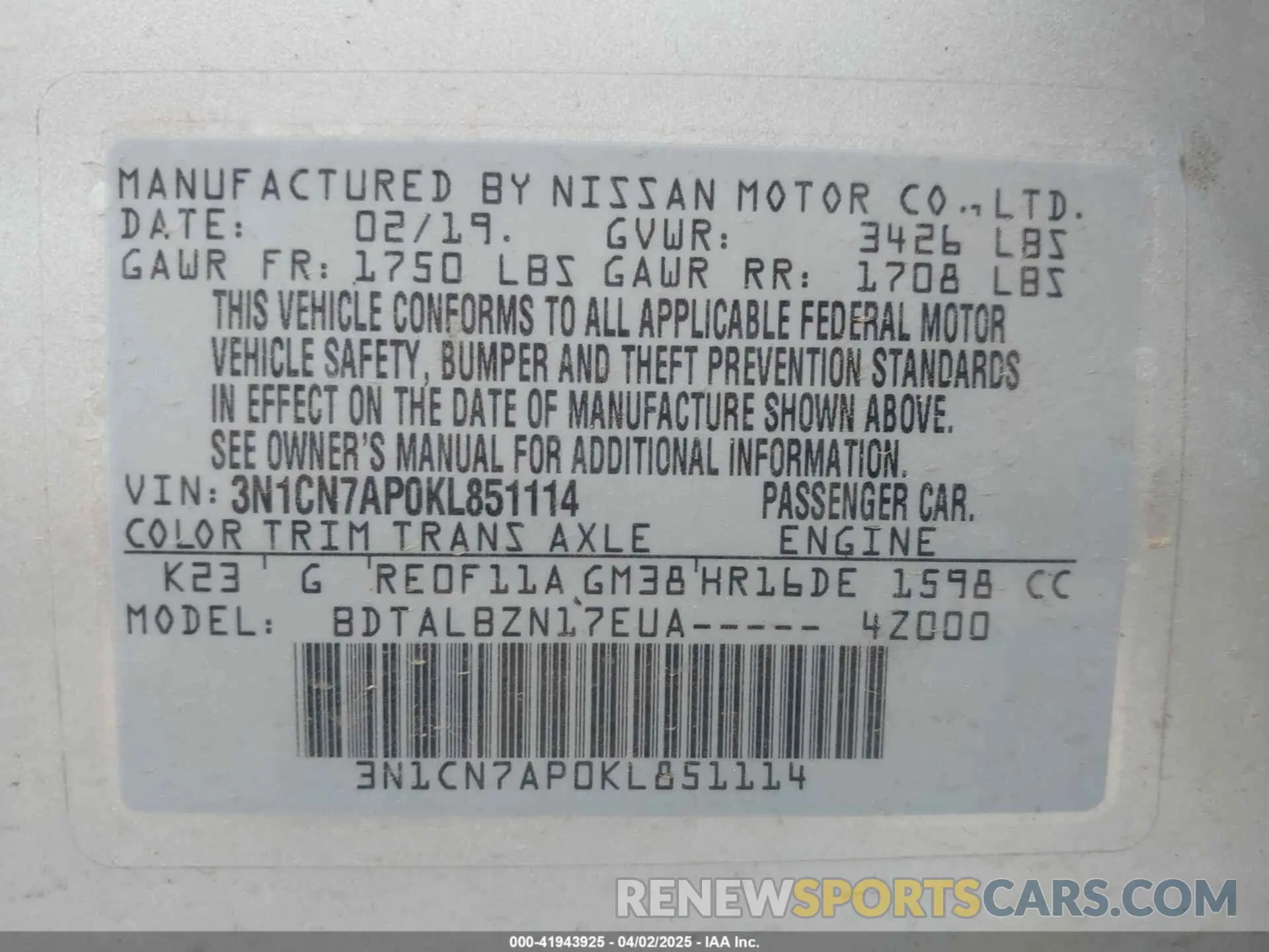 9 Photograph of a damaged car 3N1CN7AP0KL851114 NISSAN VERSA 2019
