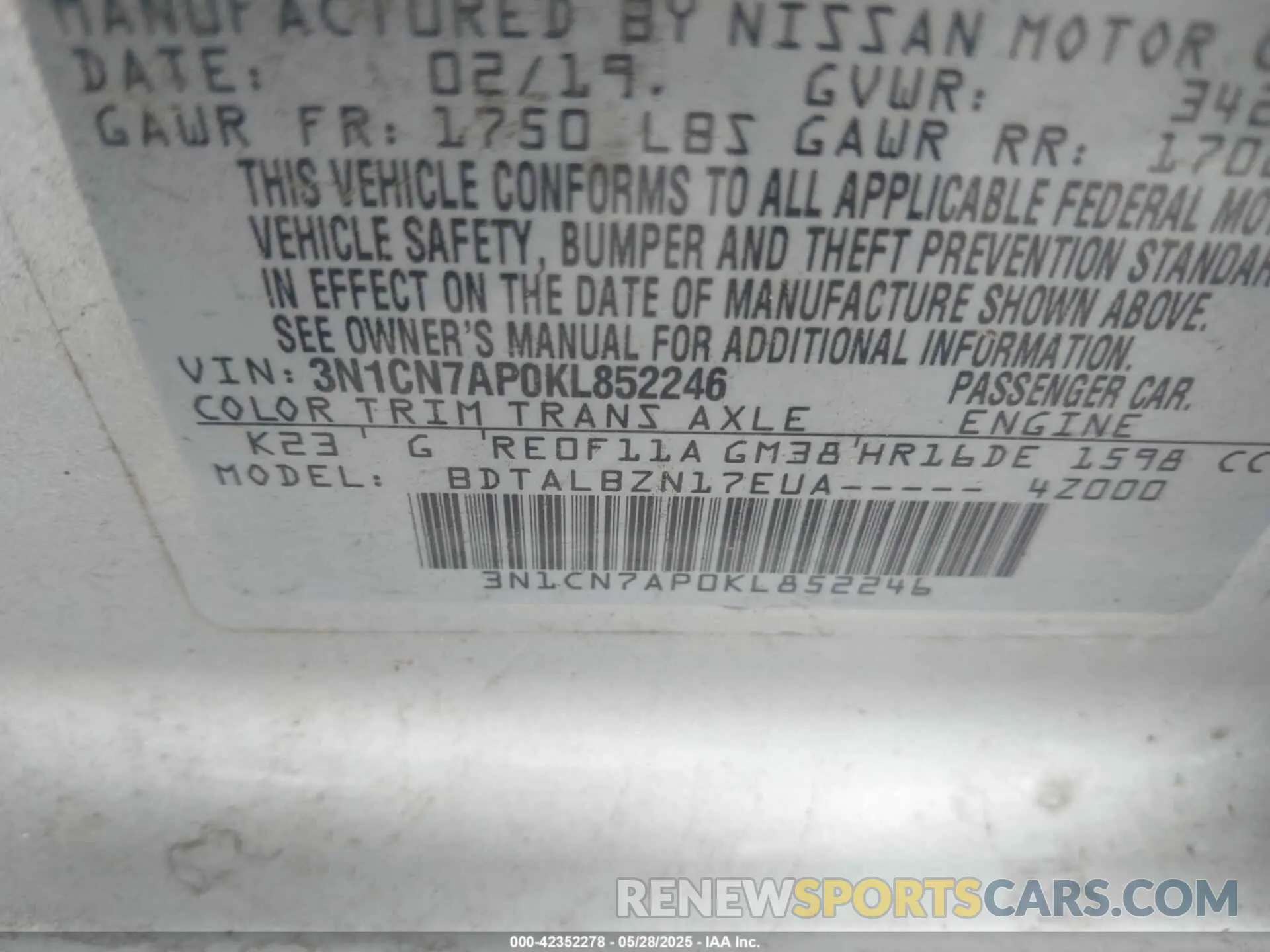 9 Photograph of a damaged car 3N1CN7AP0KL852246 NISSAN VERSA 2019