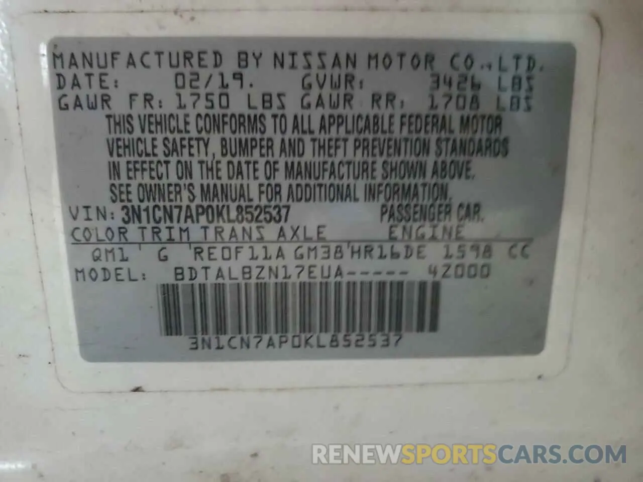 13 Photograph of a damaged car 3N1CN7AP0KL852537 NISSAN VERSA 2019