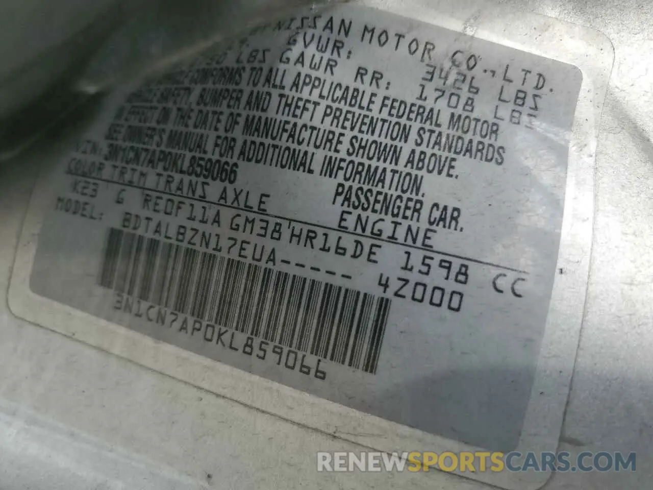 12 Photograph of a damaged car 3N1CN7AP0KL859066 NISSAN VERSA 2019