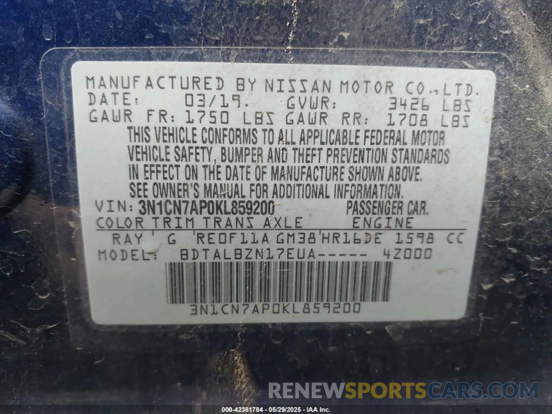 9 Photograph of a damaged car 3N1CN7AP0KL859200 NISSAN VERSA 2019