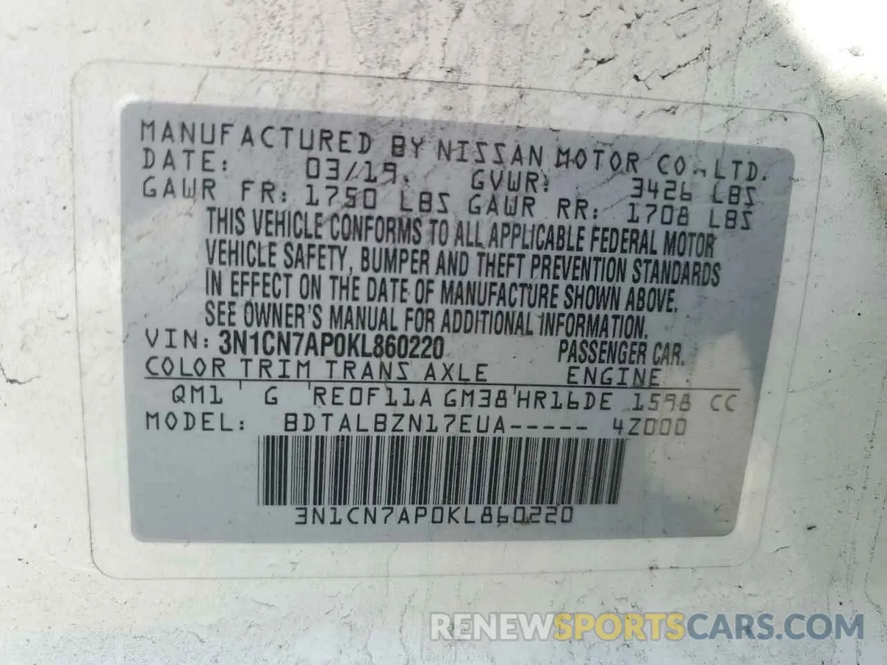 14 Photograph of a damaged car 3N1CN7AP0KL860220 NISSAN VERSA 2019