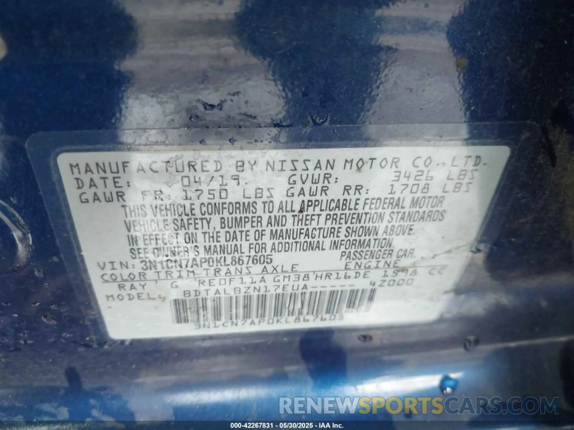 9 Photograph of a damaged car 3N1CN7AP0KL867605 NISSAN VERSA 2019