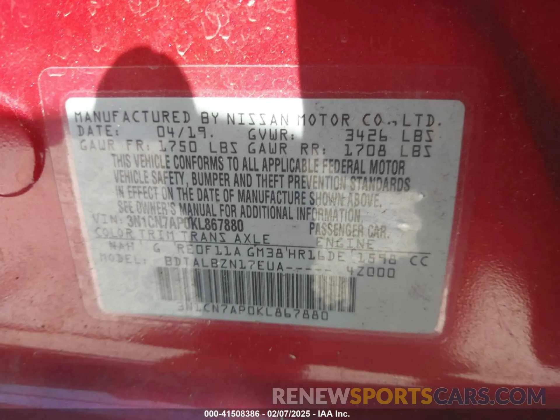 9 Photograph of a damaged car 3N1CN7AP0KL867880 NISSAN VERSA 2019