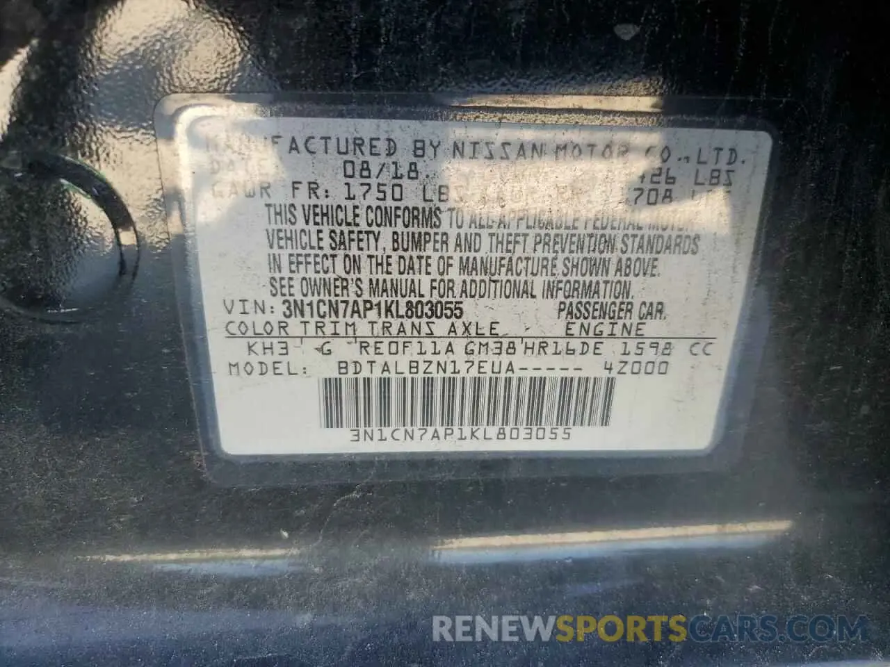 12 Photograph of a damaged car 3N1CN7AP1KL803055 NISSAN VERSA 2019