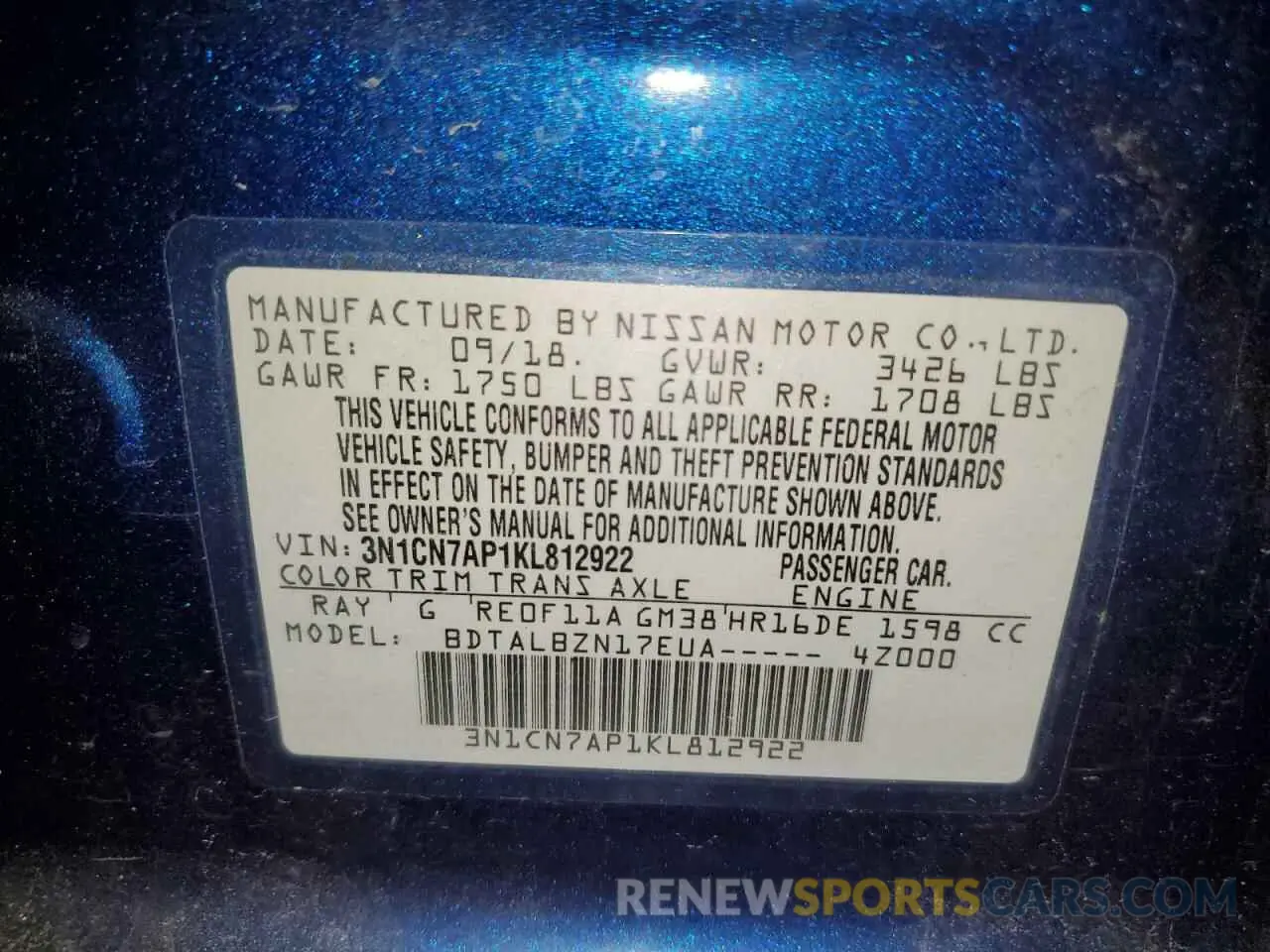 12 Photograph of a damaged car 3N1CN7AP1KL812922 NISSAN VERSA 2019