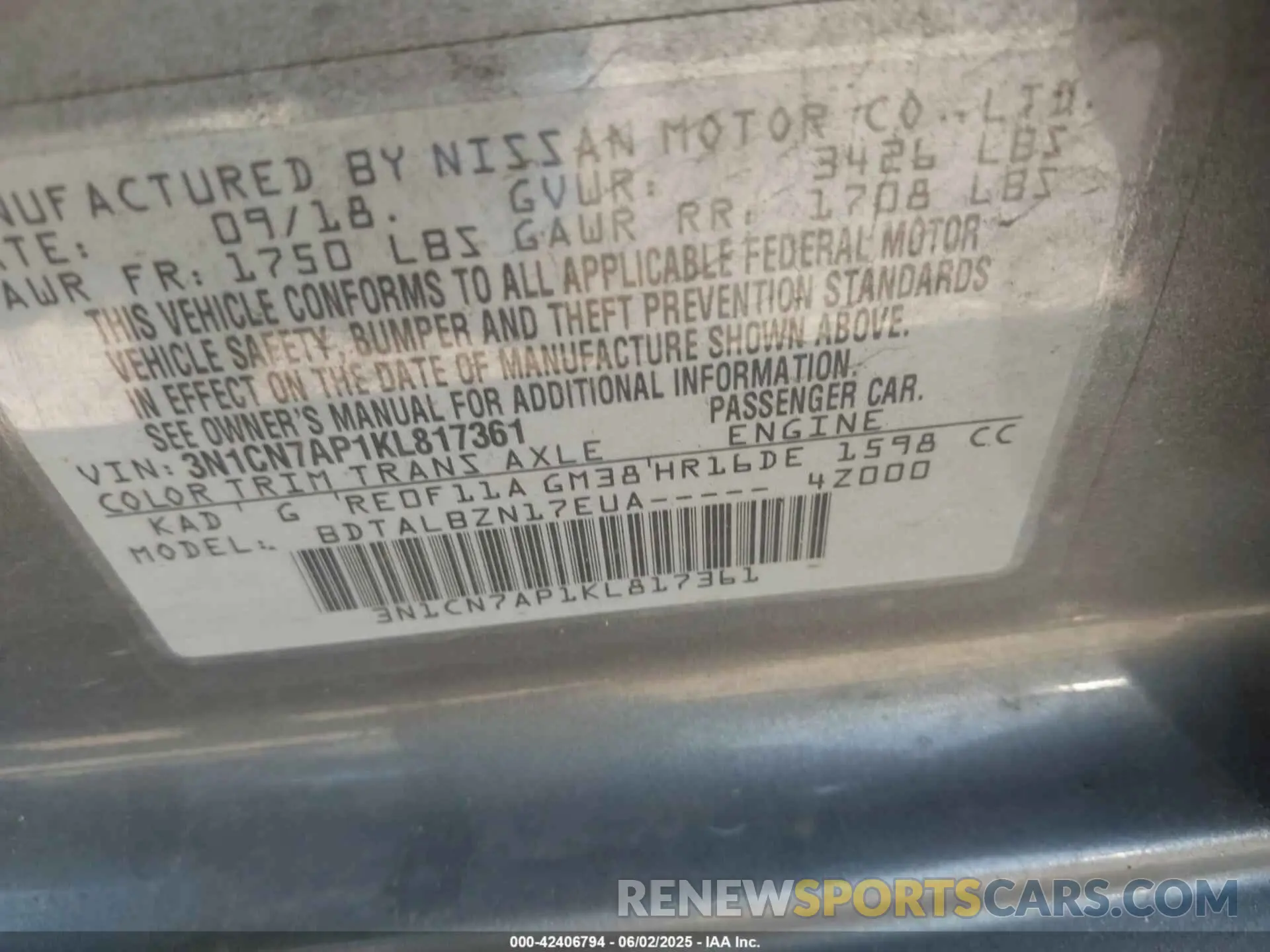 9 Photograph of a damaged car 3N1CN7AP1KL817361 NISSAN VERSA 2019