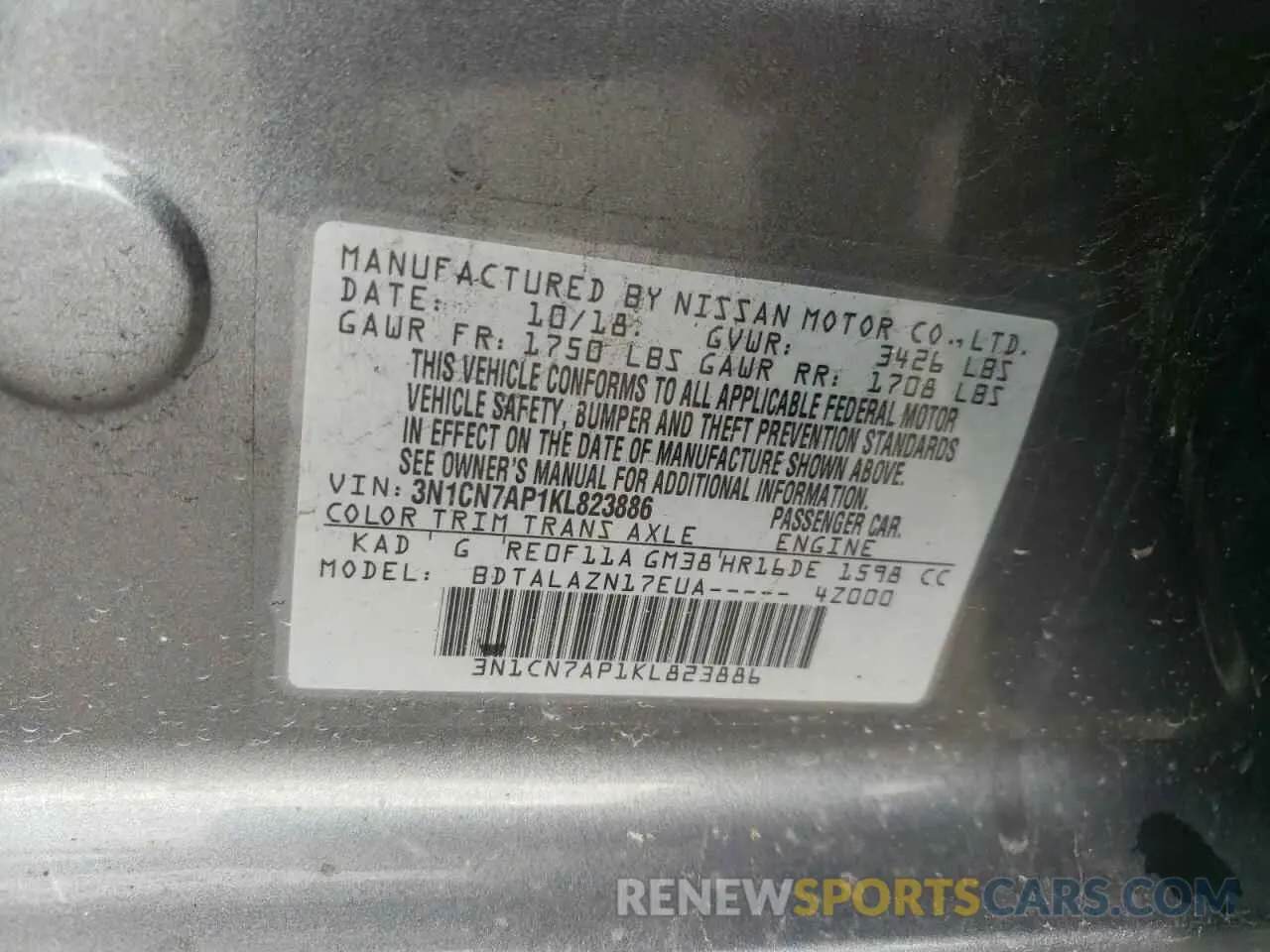 12 Photograph of a damaged car 3N1CN7AP1KL823886 NISSAN VERSA 2019