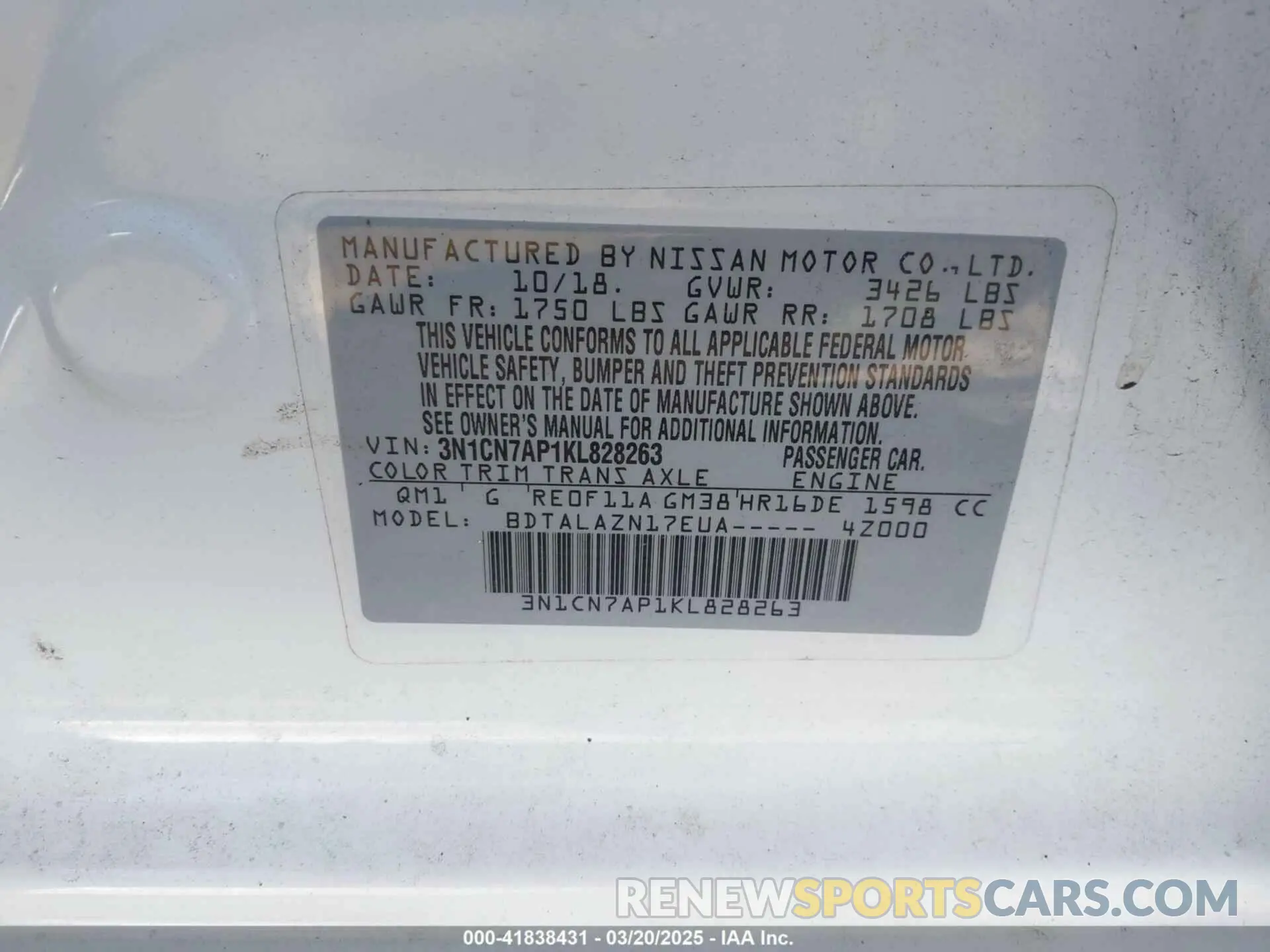 9 Photograph of a damaged car 3N1CN7AP1KL828263 NISSAN VERSA 2019