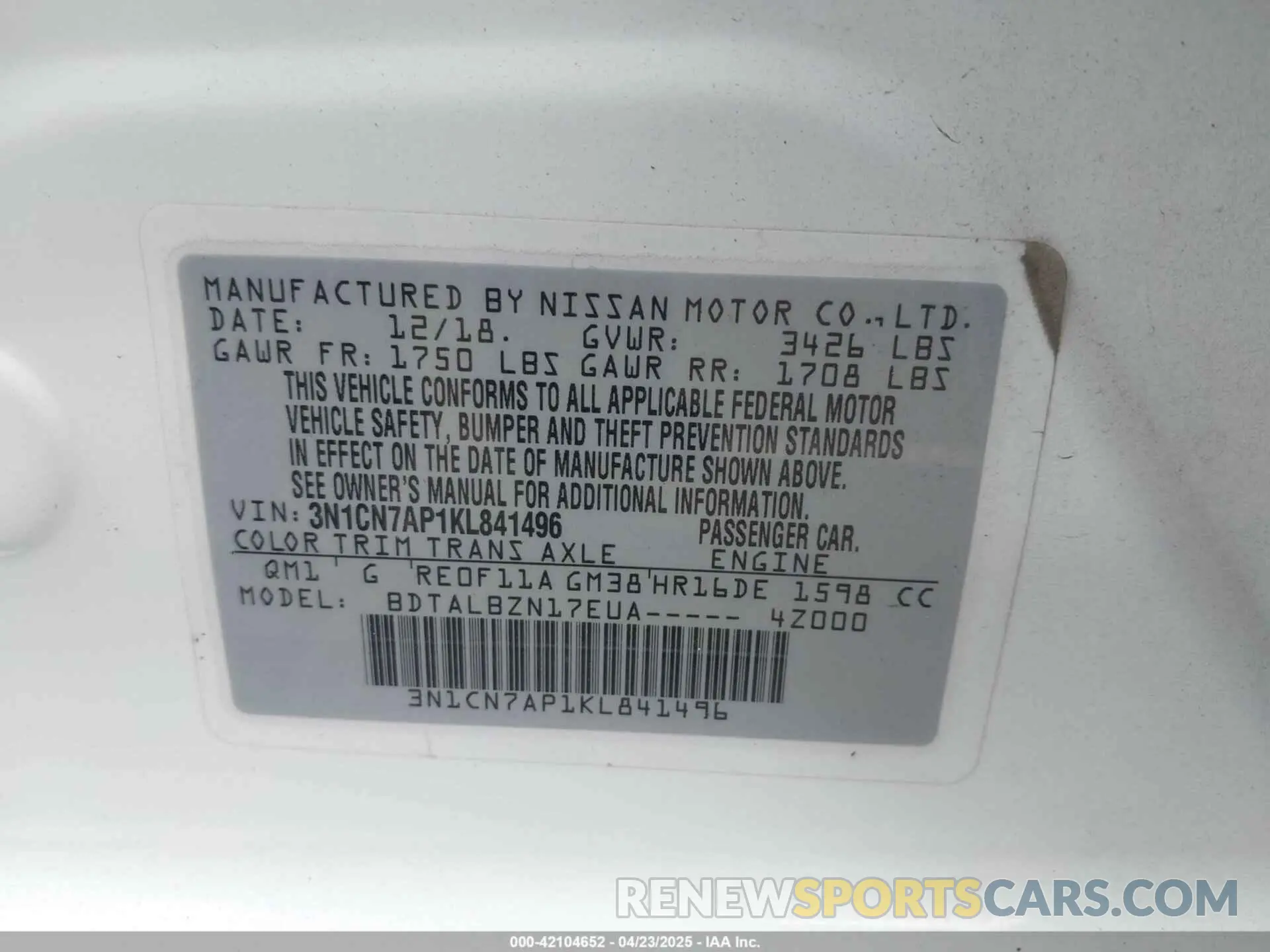 9 Photograph of a damaged car 3N1CN7AP1KL841496 NISSAN VERSA 2019