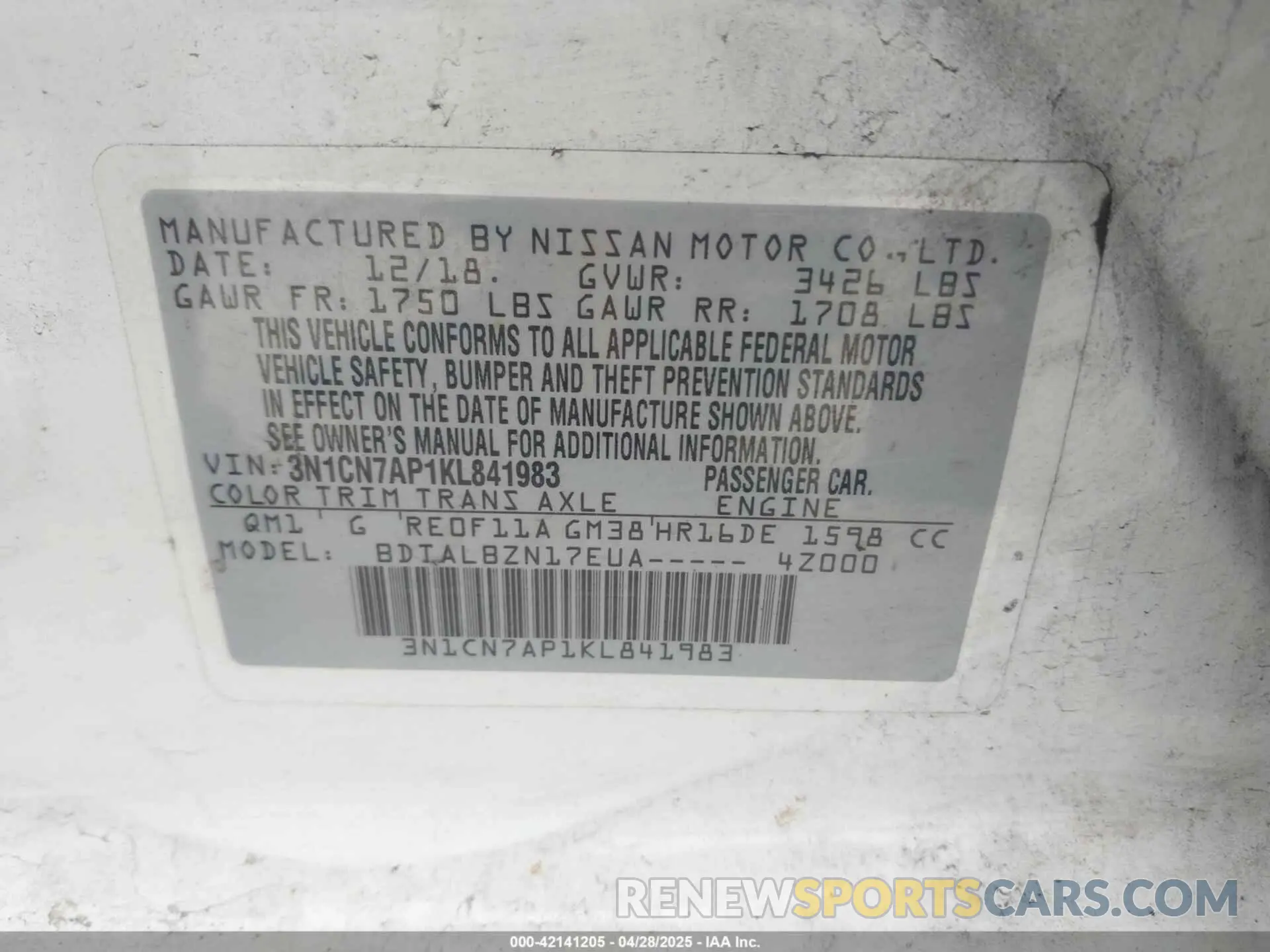 9 Photograph of a damaged car 3N1CN7AP1KL841983 NISSAN VERSA 2019