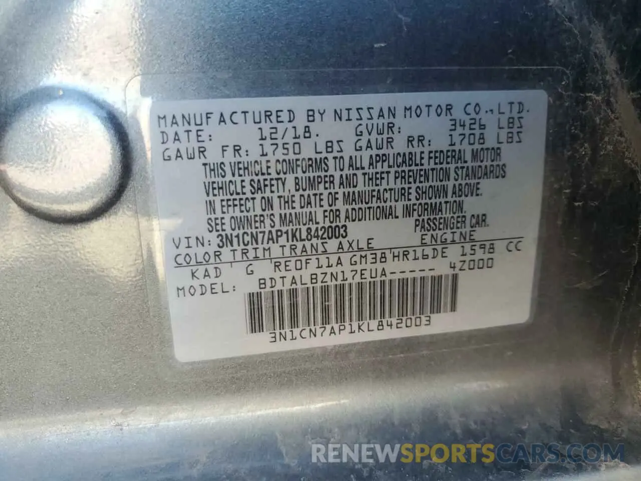 12 Photograph of a damaged car 3N1CN7AP1KL842003 NISSAN VERSA 2019