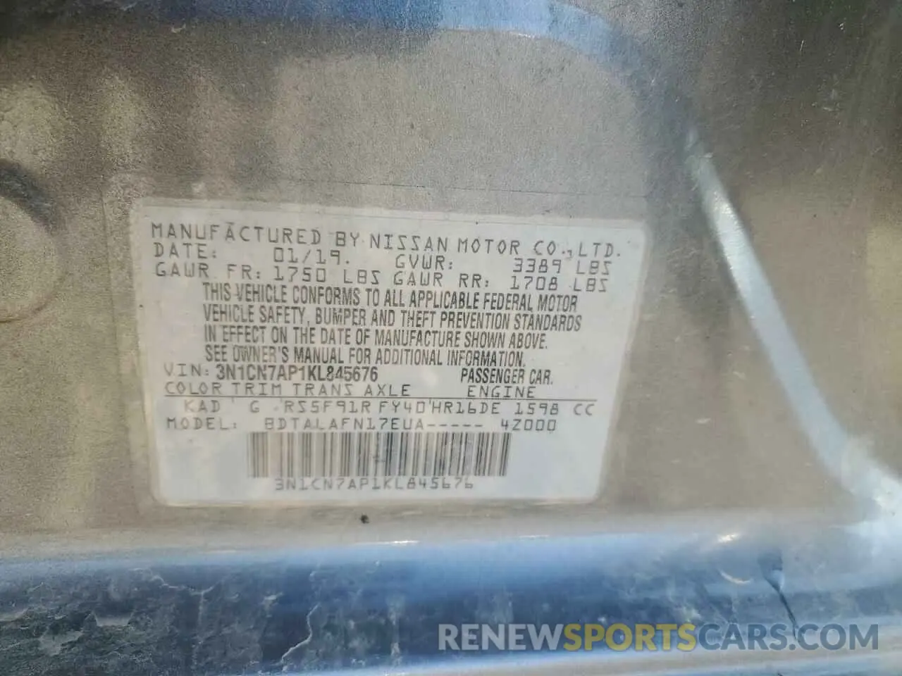 15 Photograph of a damaged car 3N1CN7AP1KL845676 NISSAN VERSA 2019
