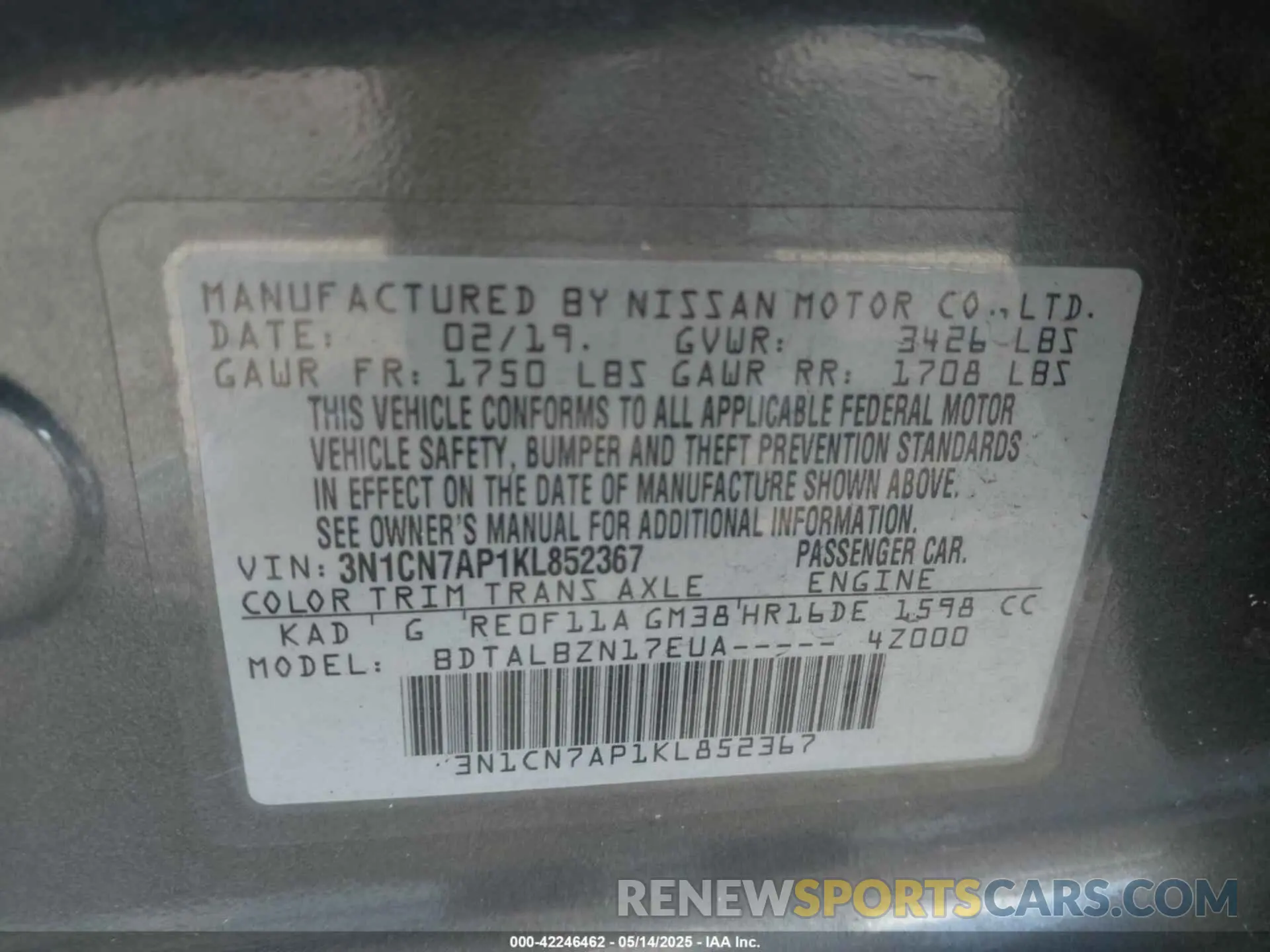 9 Photograph of a damaged car 3N1CN7AP1KL852367 NISSAN VERSA 2019