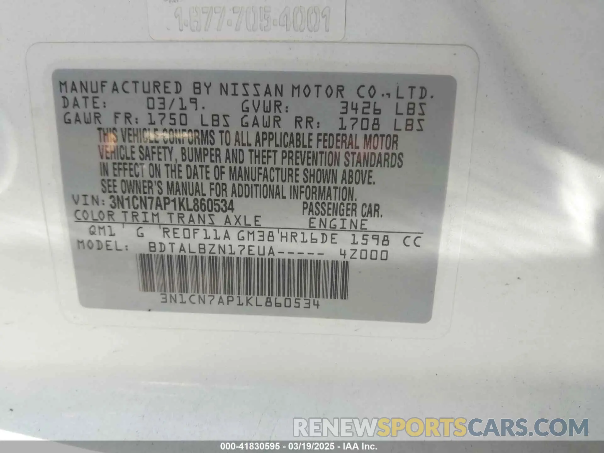 9 Photograph of a damaged car 3N1CN7AP1KL860534 NISSAN VERSA 2019